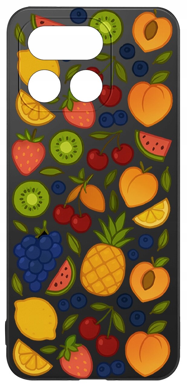 Etui na telefon z kolorowym wzorem owoców, takich jak kiwi, pomarańcze, truskawki, winogrona i ananasy, na ciemnym tle. Etui ma wycięcia na aparat i inne elementy telefonu.