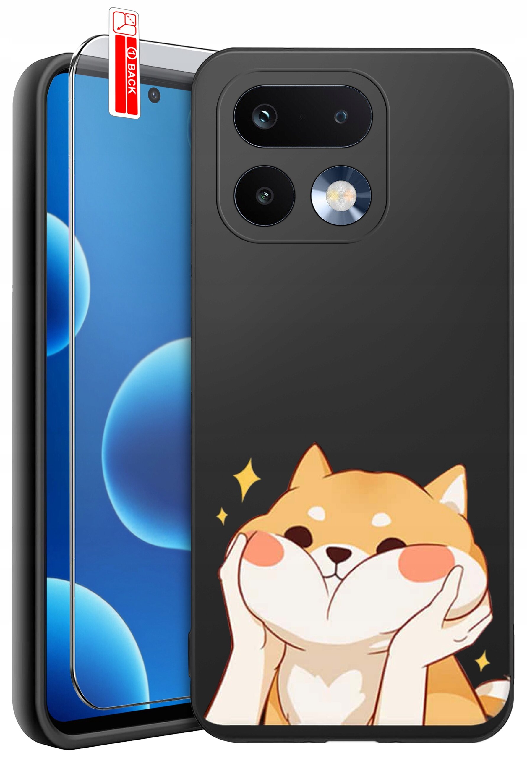 Etui na telefon z grafiką przedstawiającą uroczego psa oraz szkło ochronne z napisem \'BACK\'.