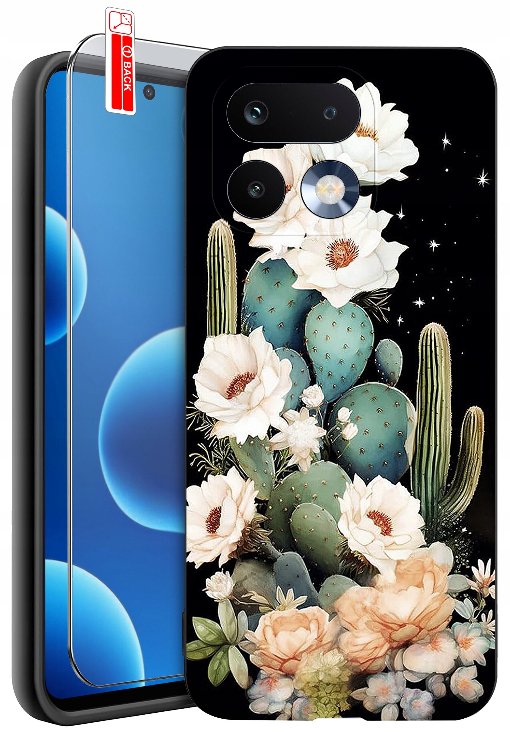 Etui na telefon z motywem kaktusów i kwiatów na czarnym tle, obok znajduje się szkło ochronne z napisem \'BACK\'.