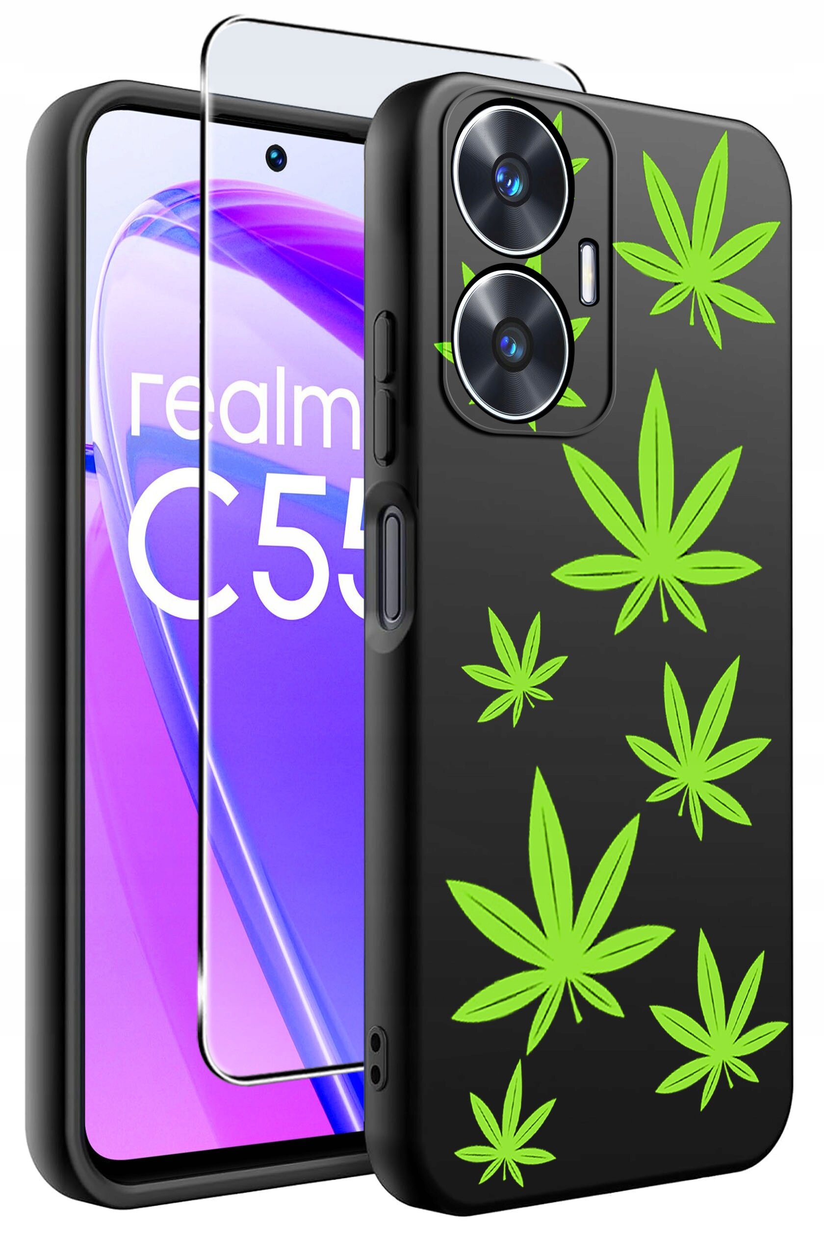 Czarne etui na telefon z zielonymi wzorami liści oraz szkło ochronne. Na ekranie telefonu widoczny jest napis \'realme C55\'.
