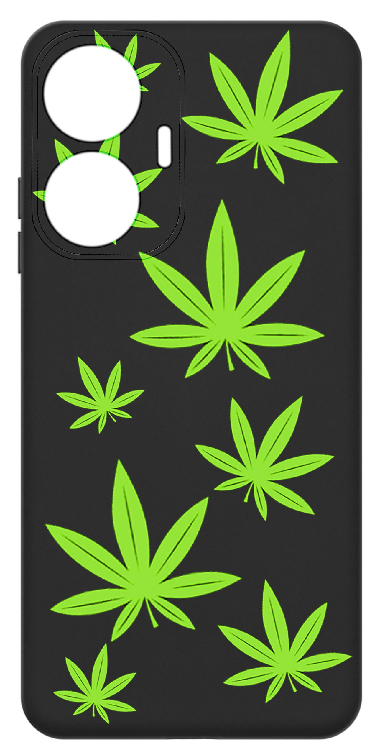 Czarne etui na telefon z zielonymi wzorami liści. Etui ma wycięcia na aparat i przyciski.