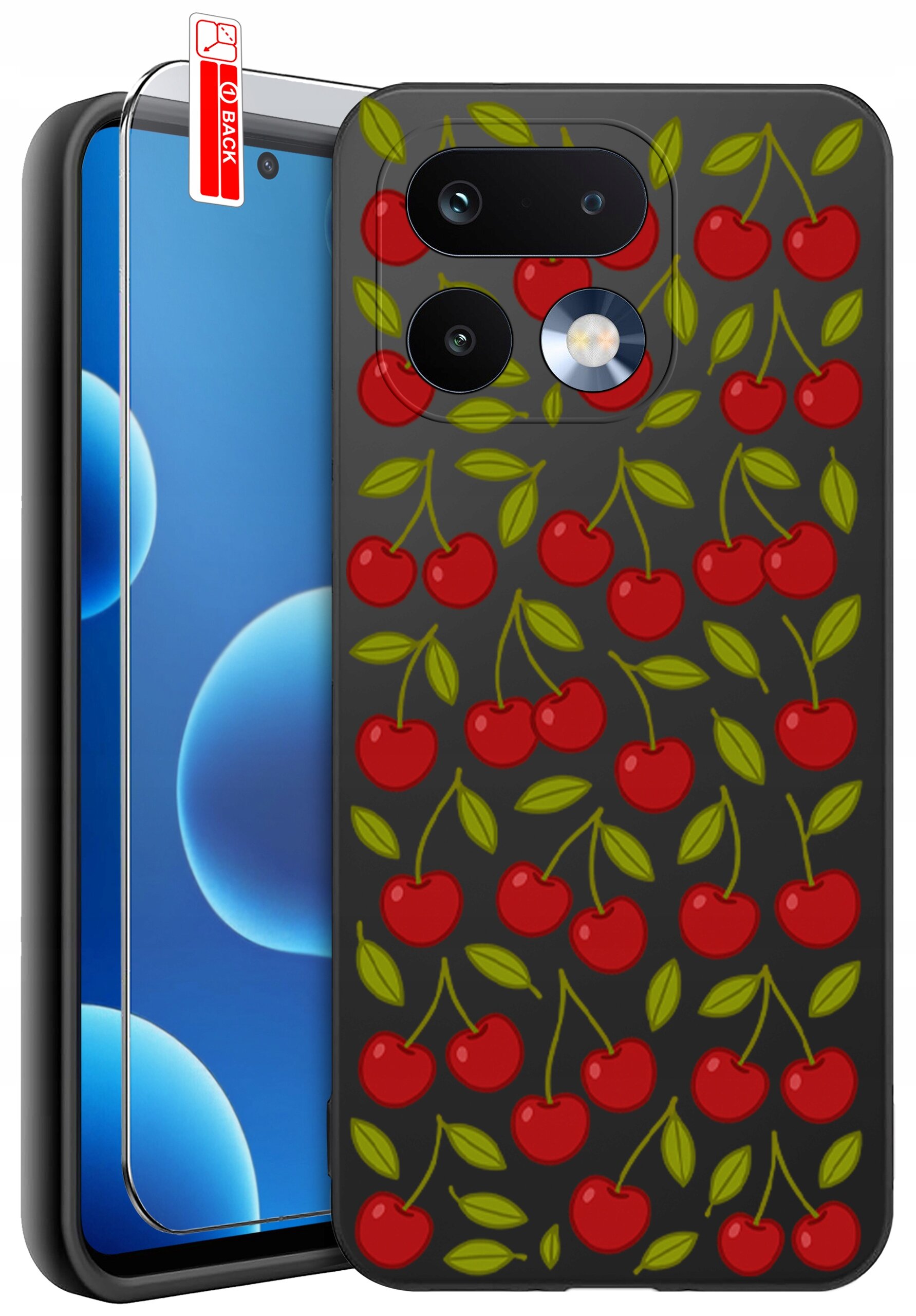 Etui na telefon z wzorem czerwonych wiśni i zielonych liści na ciemnym tle. Obok etui znajduje się szkło ochronne z napisem \'BACK\'.