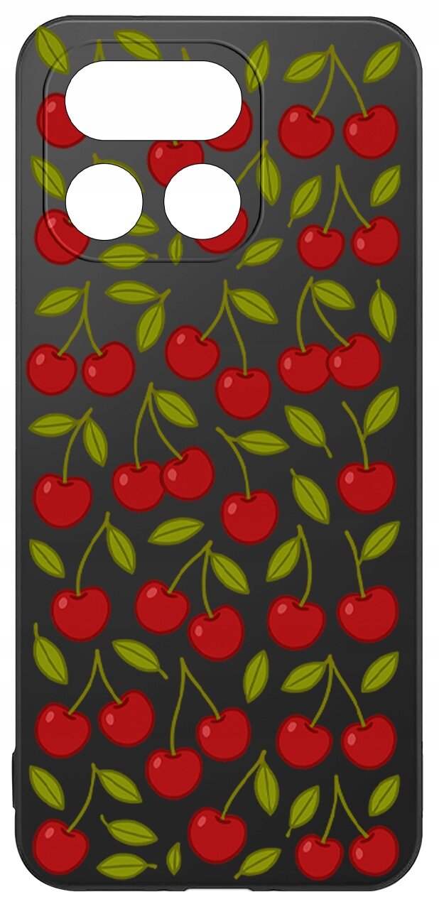 Etui na telefon z wzorem czerwonych wiśni i zielonych liści na czarnym tle, z wycięciami na aparat.