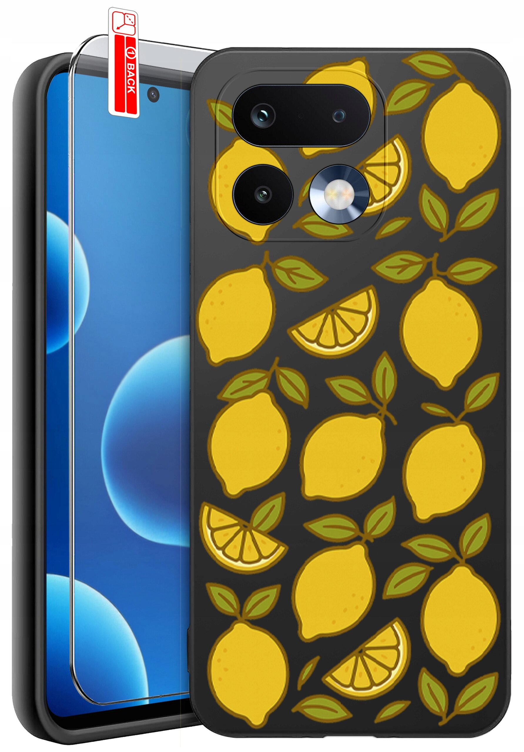 Etui na telefon z wzorem żółtych cytryn i liści na ciemnym tle, obok znajduje się szkło ochronne z napisem \'BACK\'.
