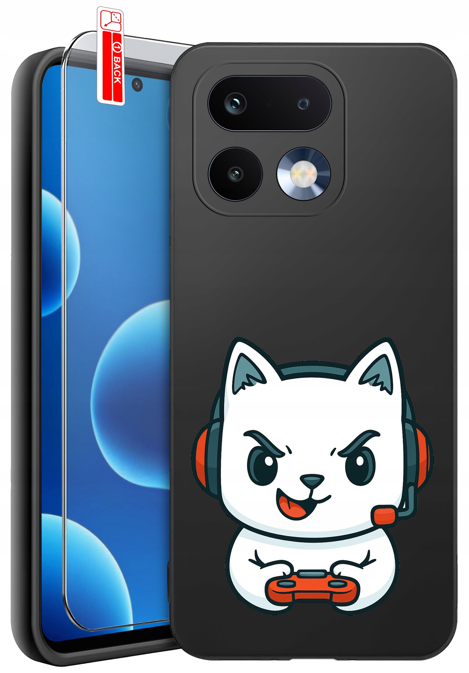Czarne etui na telefon z nadrukiem białego kota w słuchawkach trzymającego kontroler do gier. Obok etui znajduje się szkło ochronne z oznaczeniem \'BACK\'.
