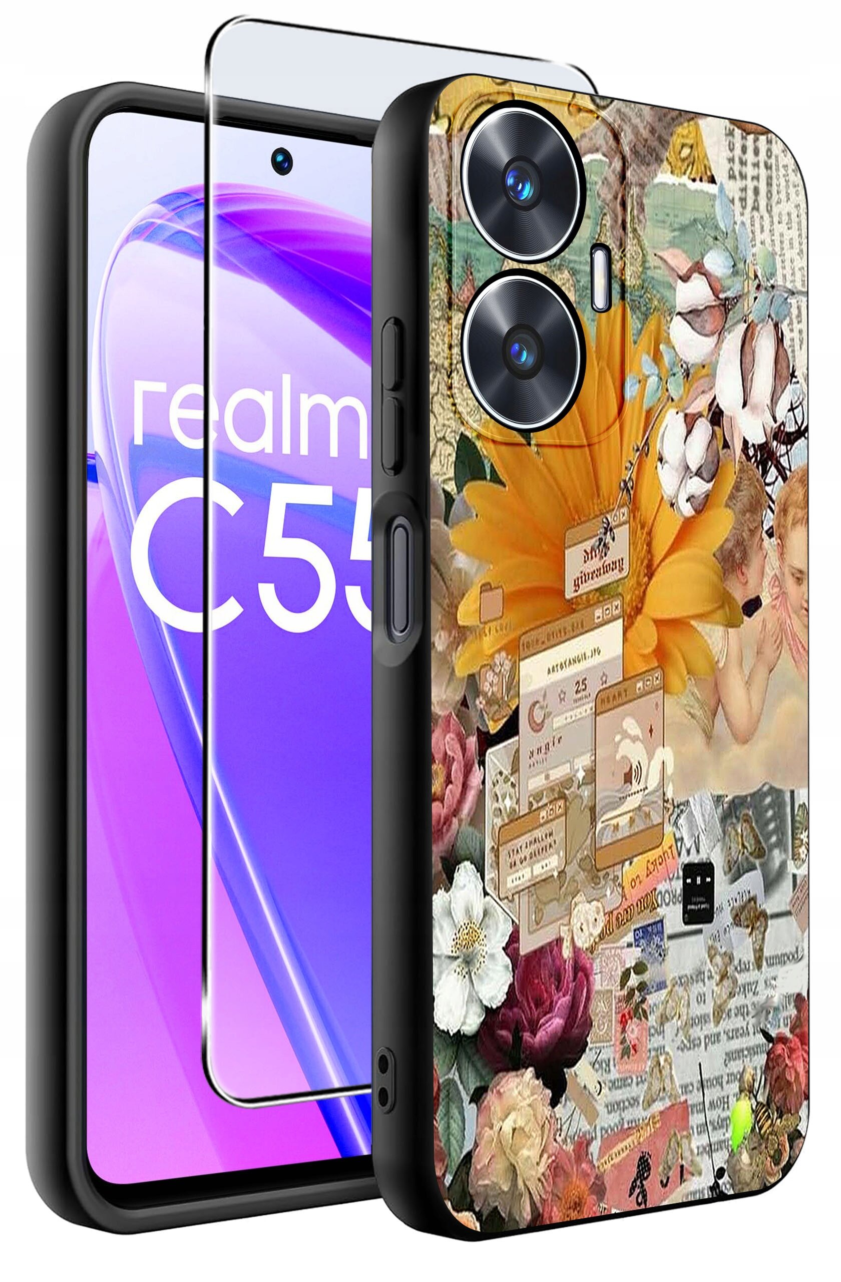 Obraz przedstawia etui na telefon z kolorowym, kwiatowym wzorem oraz szkło ochronne. Na ekranie telefonu widoczny jest napis \'realme C55\'.