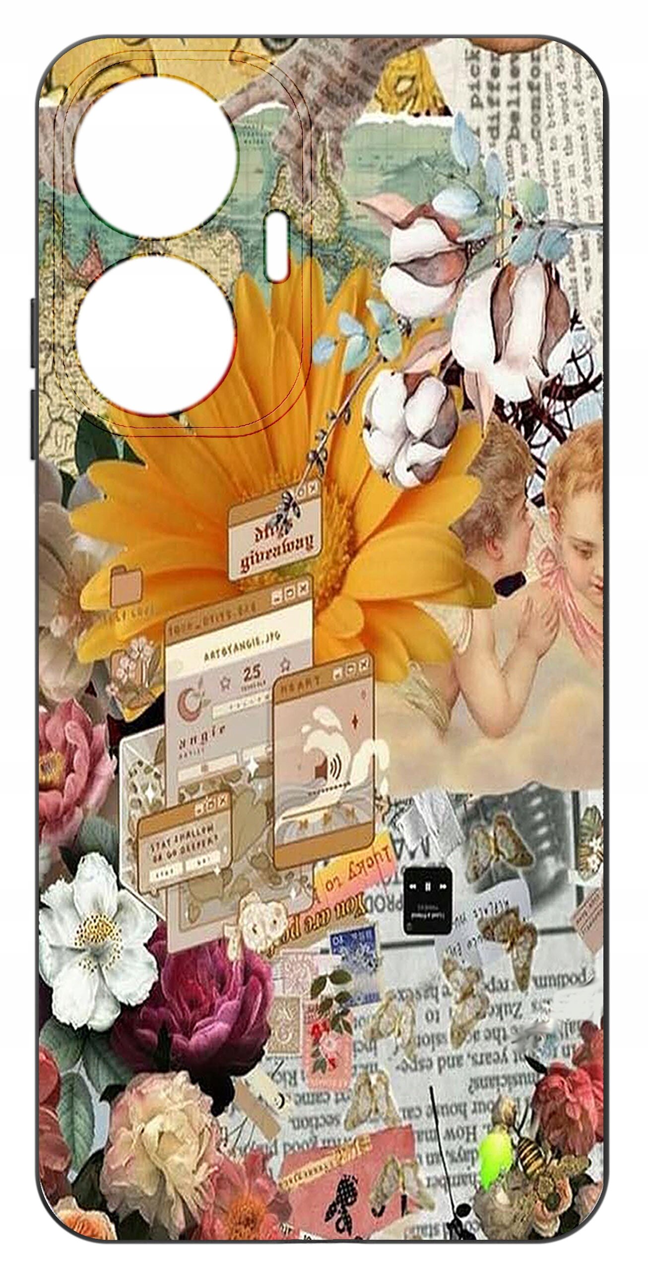 Etui na telefon z kolorowym, kolażowym wzorem przedstawiającym kwiaty, aniołki i elementy graficzne przypominające okna komputerowe. W tle widoczne są fragmenty tekstu i ilustracji.