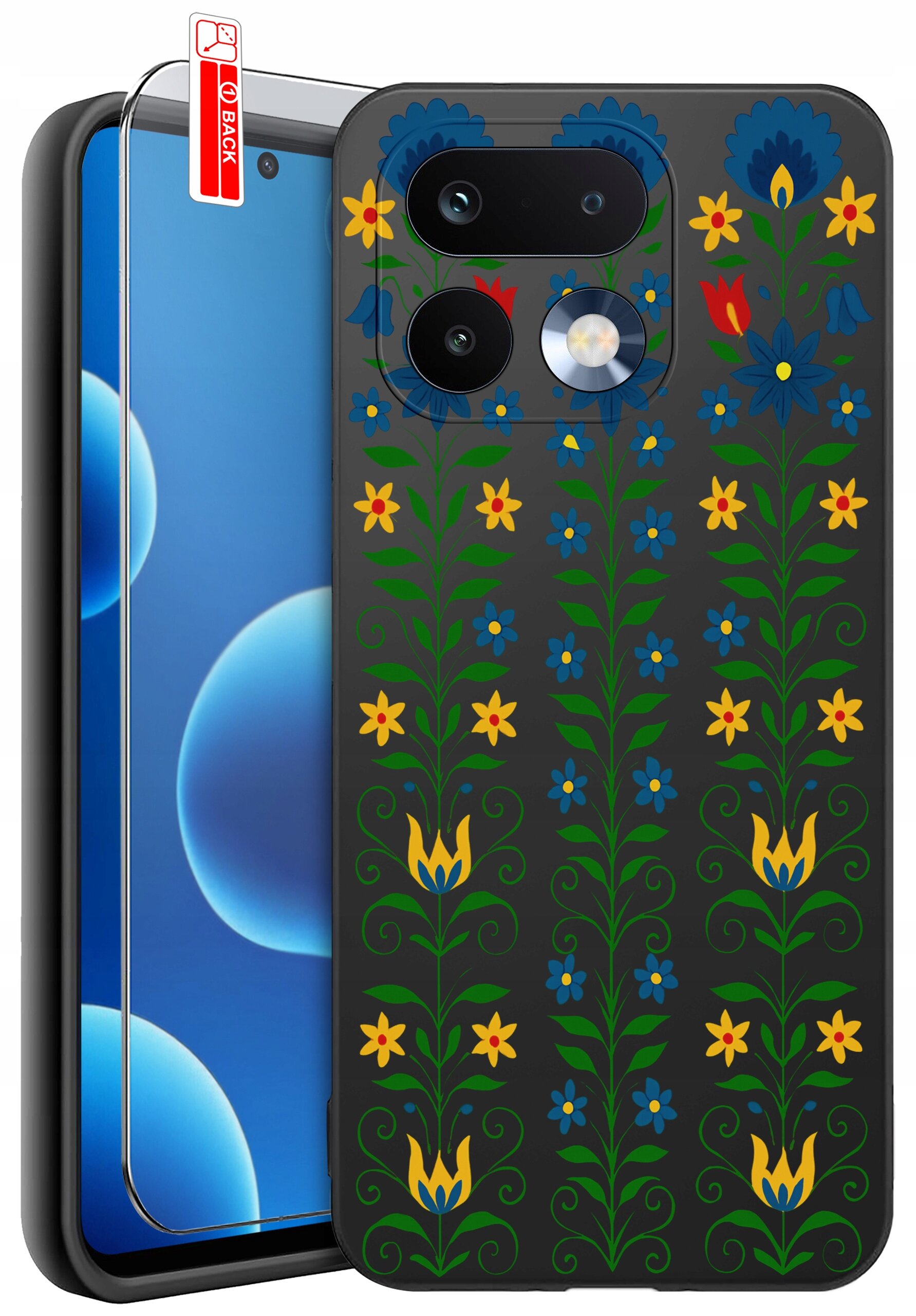 Etui na telefon z kolorowym, kwiatowym wzorem na ciemnym tle, obok którego znajduje się szkło ochronne z napisem \'BACK\'.