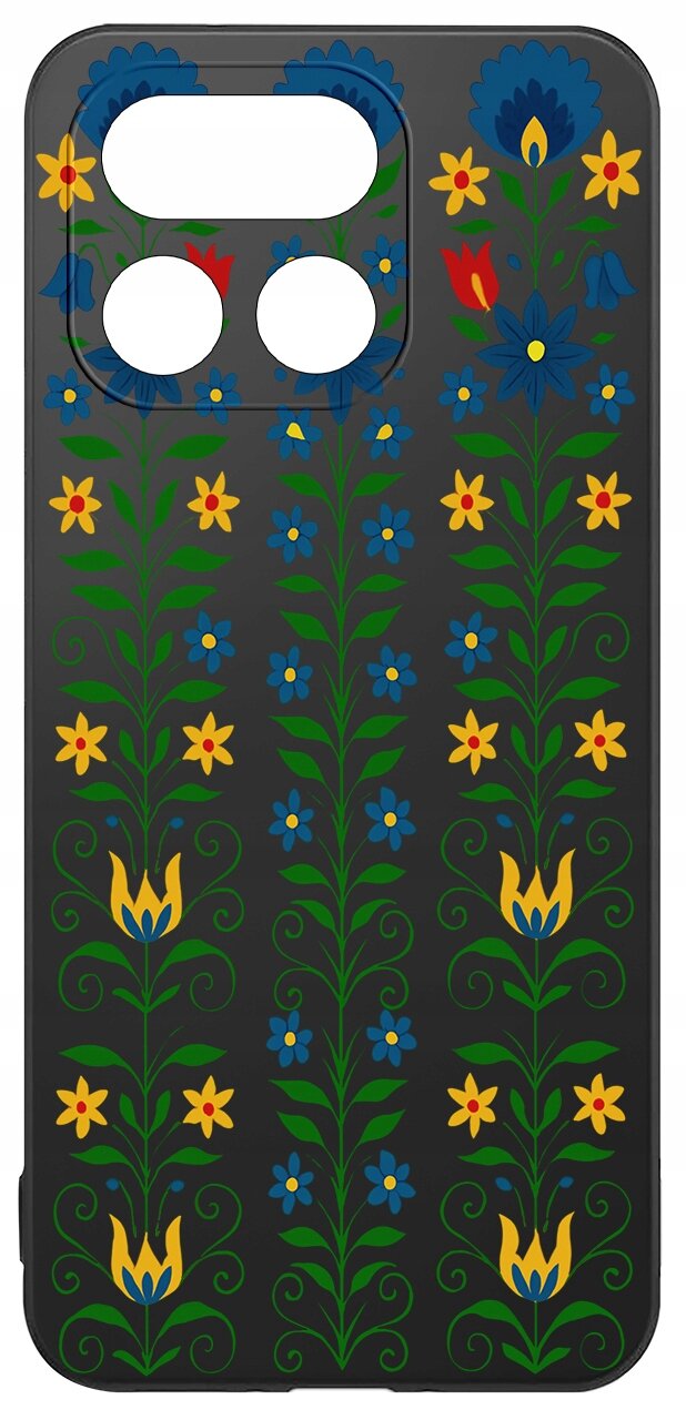 Etui na telefon z kolorowym, kwiatowym wzorem na ciemnym tle, z wycięciami na aparat i inne elementy.