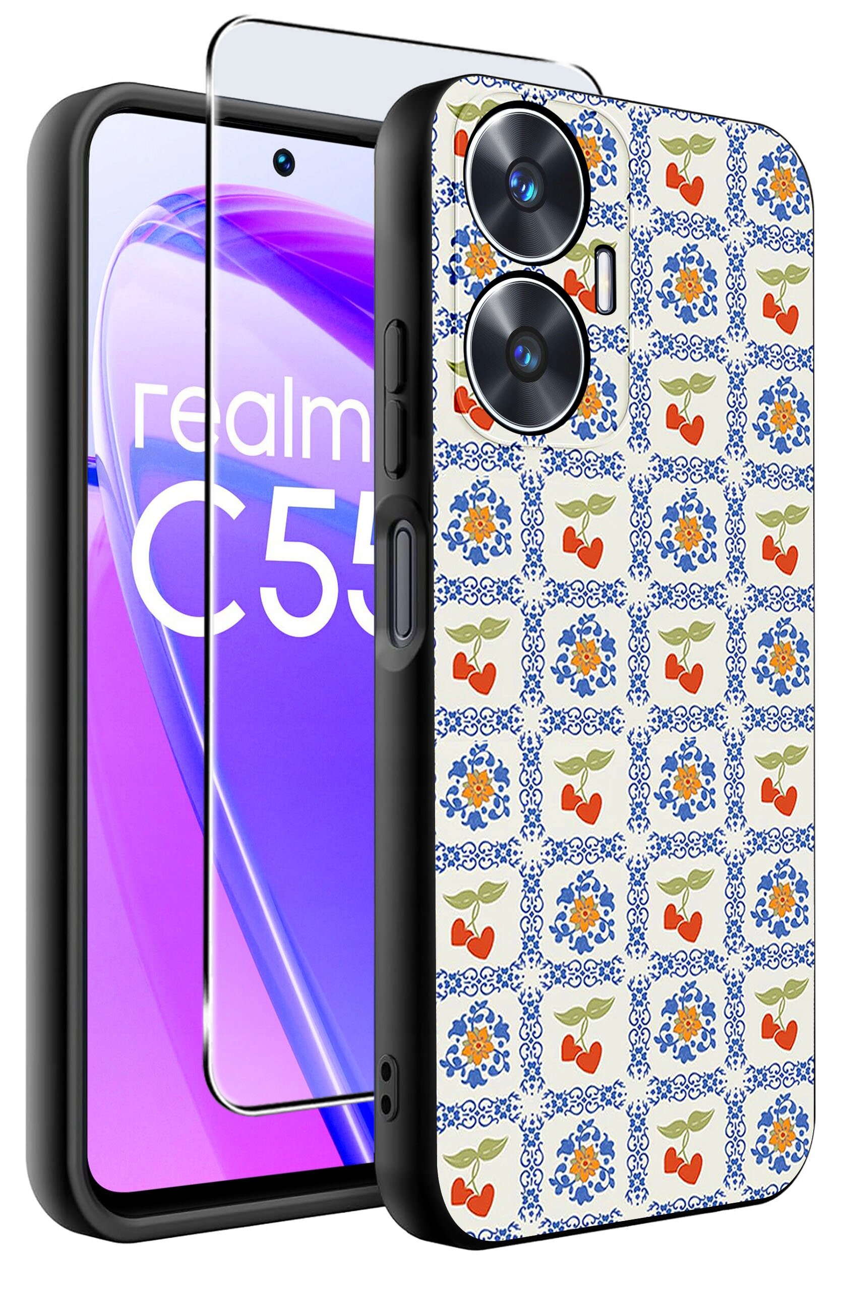 Obraz przedstawia etui na telefon z wzorem w kwiaty i owoce oraz szkło ochronne. Na ekranie telefonu widoczny jest napis \'realme C55\'.