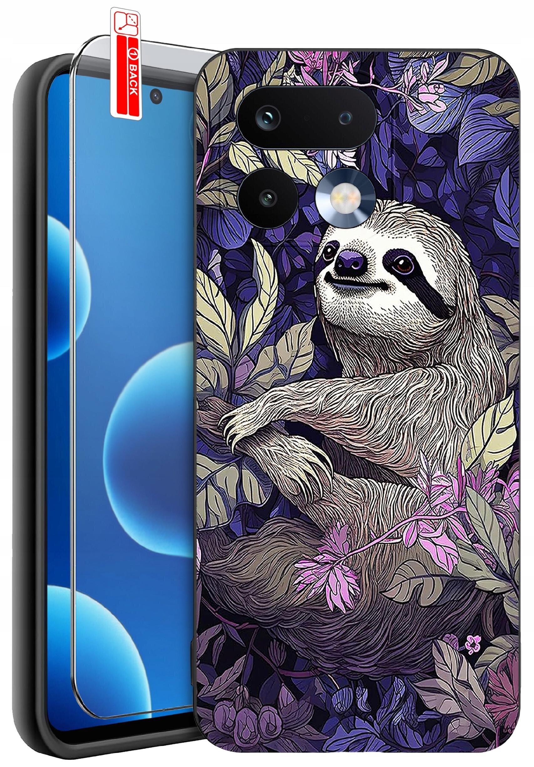 Etui na telefon z kolorowym wzorem przedstawiającym leniwca wśród liści, obok znajduje się szkło ochronne z napisem \'BACK\'.