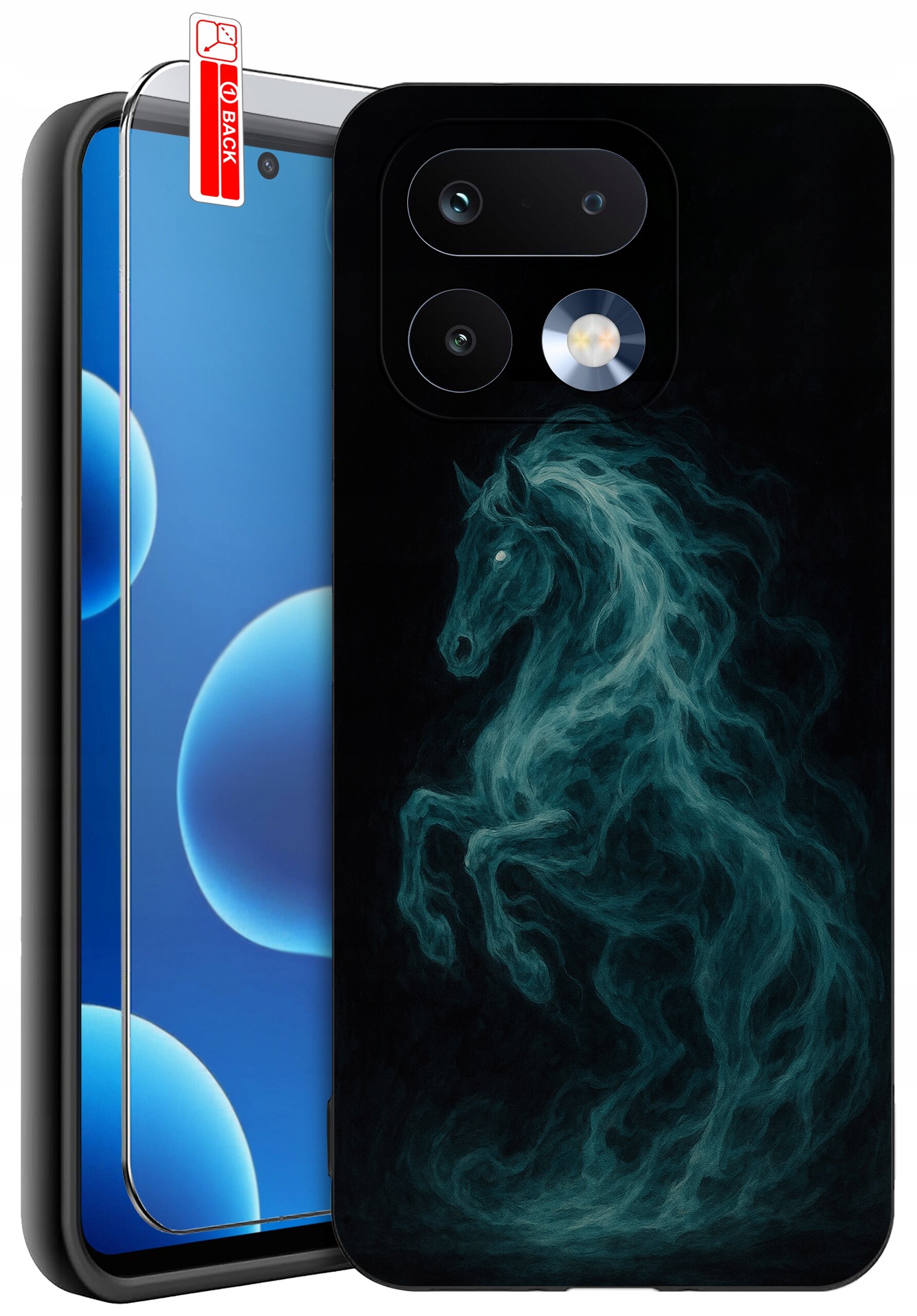 Etui na telefon z grafiką przedstawiającą konia w stylu dymu na czarnym tle. Obok etui znajduje się szkło ochronne z napisem \'BACK\'.