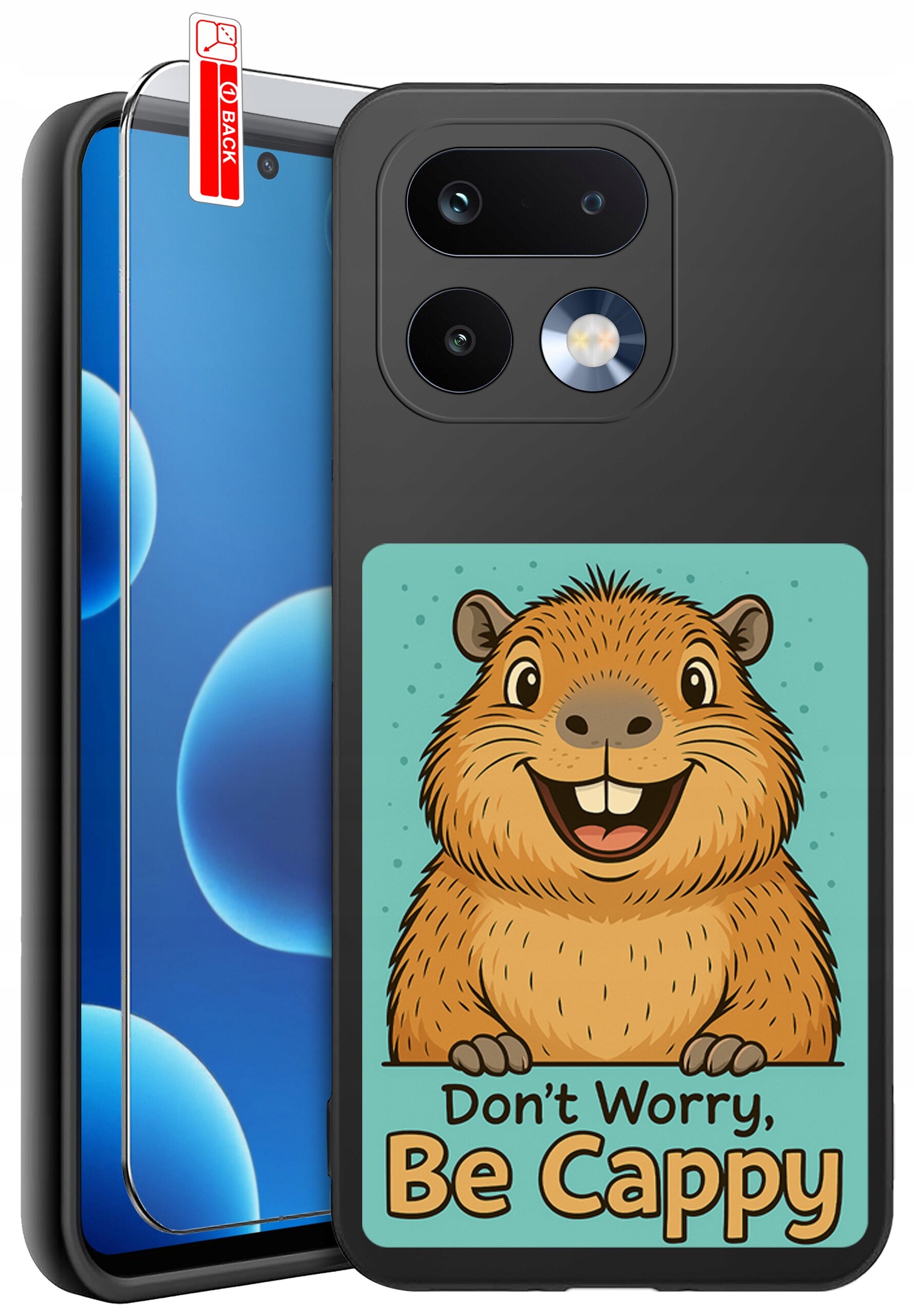 Etui na telefon z grafiką przedstawiającą uśmiechniętą kapibarę i napisem \'Don\'t Worry, Be Cappy\'. Obok etui znajduje się szkło ochronne z oznaczeniem \'BACK\'.
