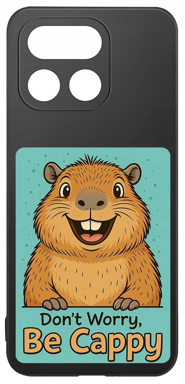 Etui na telefon z grafiką uśmiechniętego kapibary na niebieskim tle oraz napisem \'Don\'t Worry, Be Cappy\'.