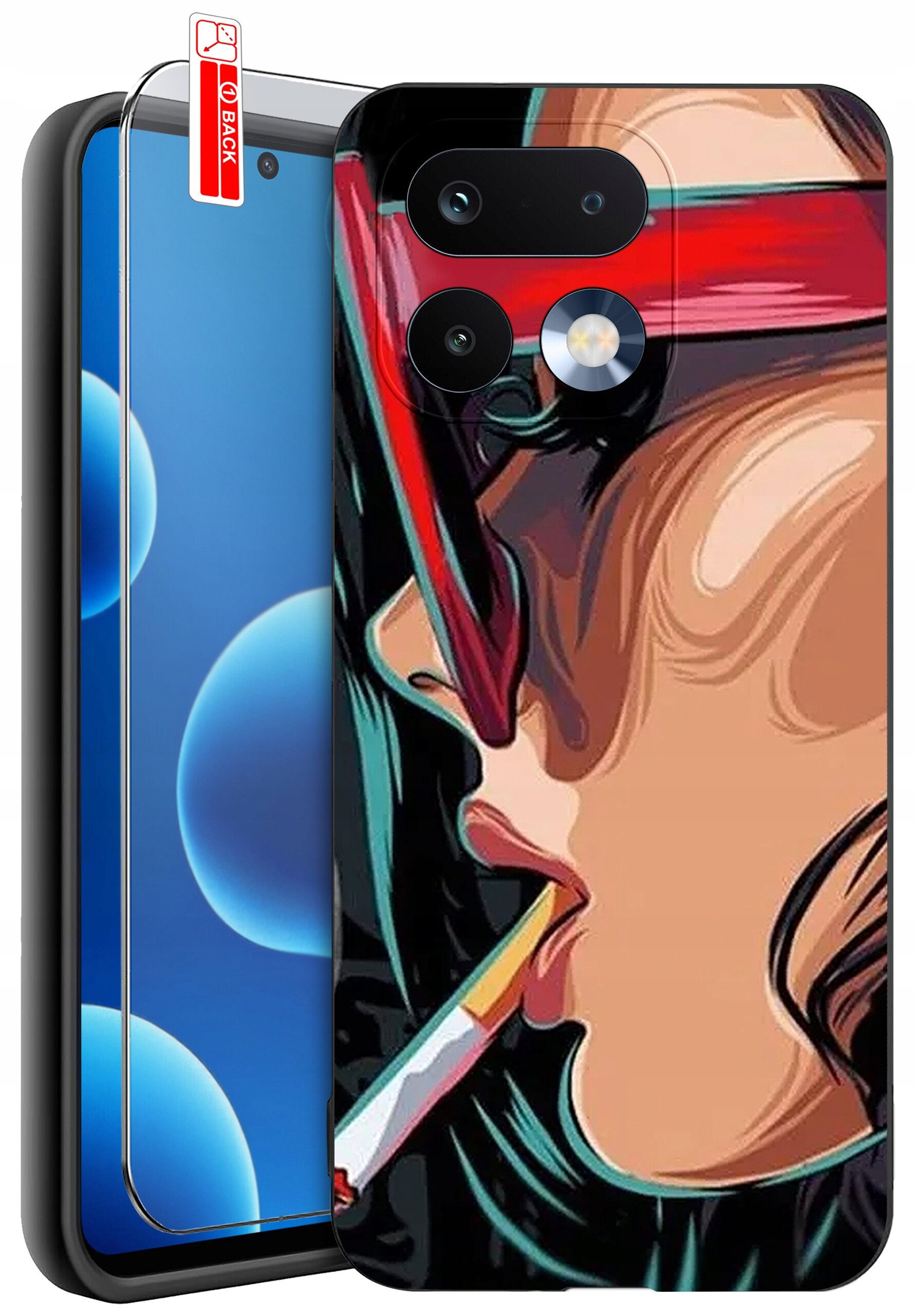 Etui na telefon z kolorowym wzorem przedstawiającym twarz osoby w okularach i z papierosem. Obok znajduje się szkło ochronne z napisem \'BACK\'.