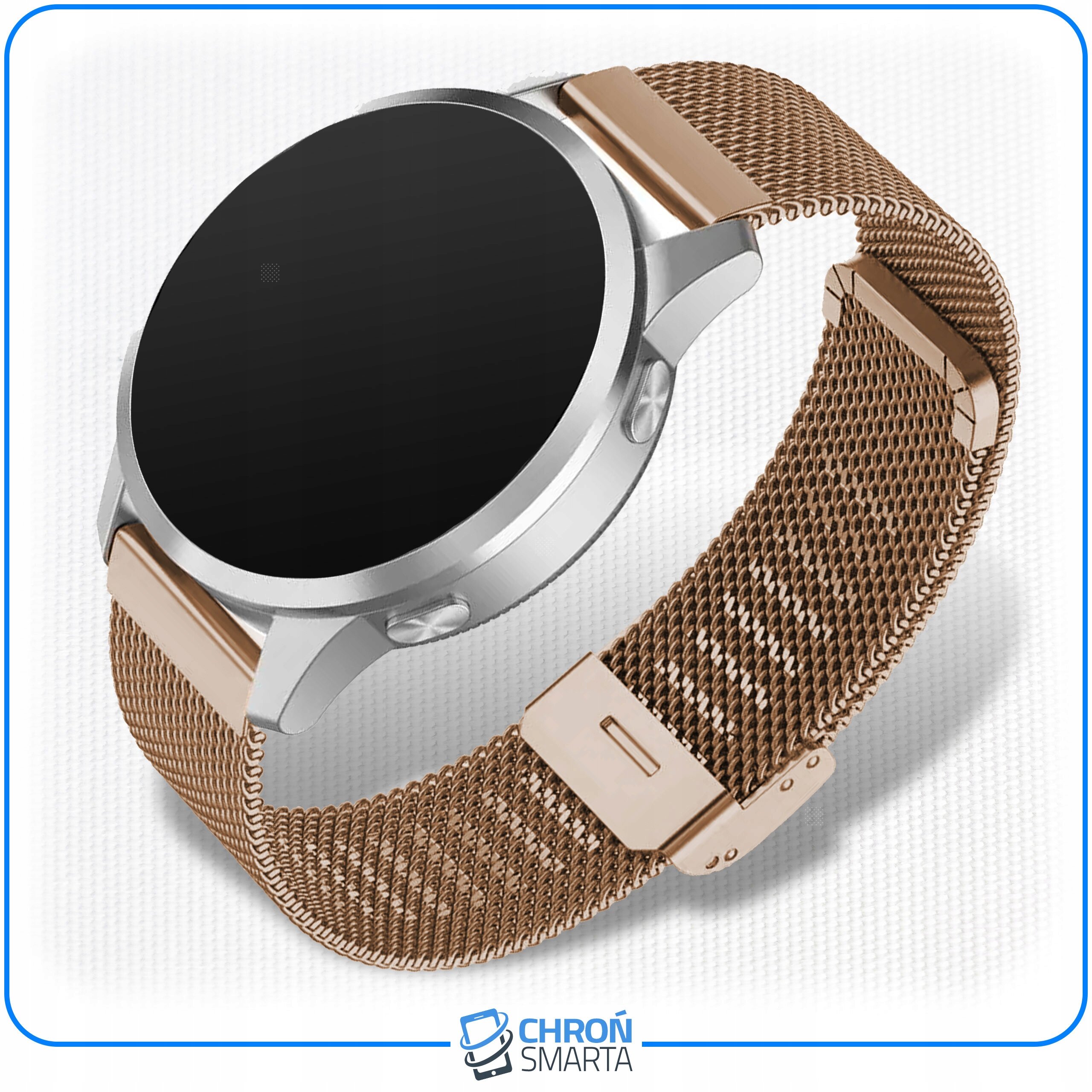 Smartwatch z okrągłą tarczą i różowo-złotym metalowym paskiem. Na dole widoczne jest logo \'CHROŃ SMARTA\'.