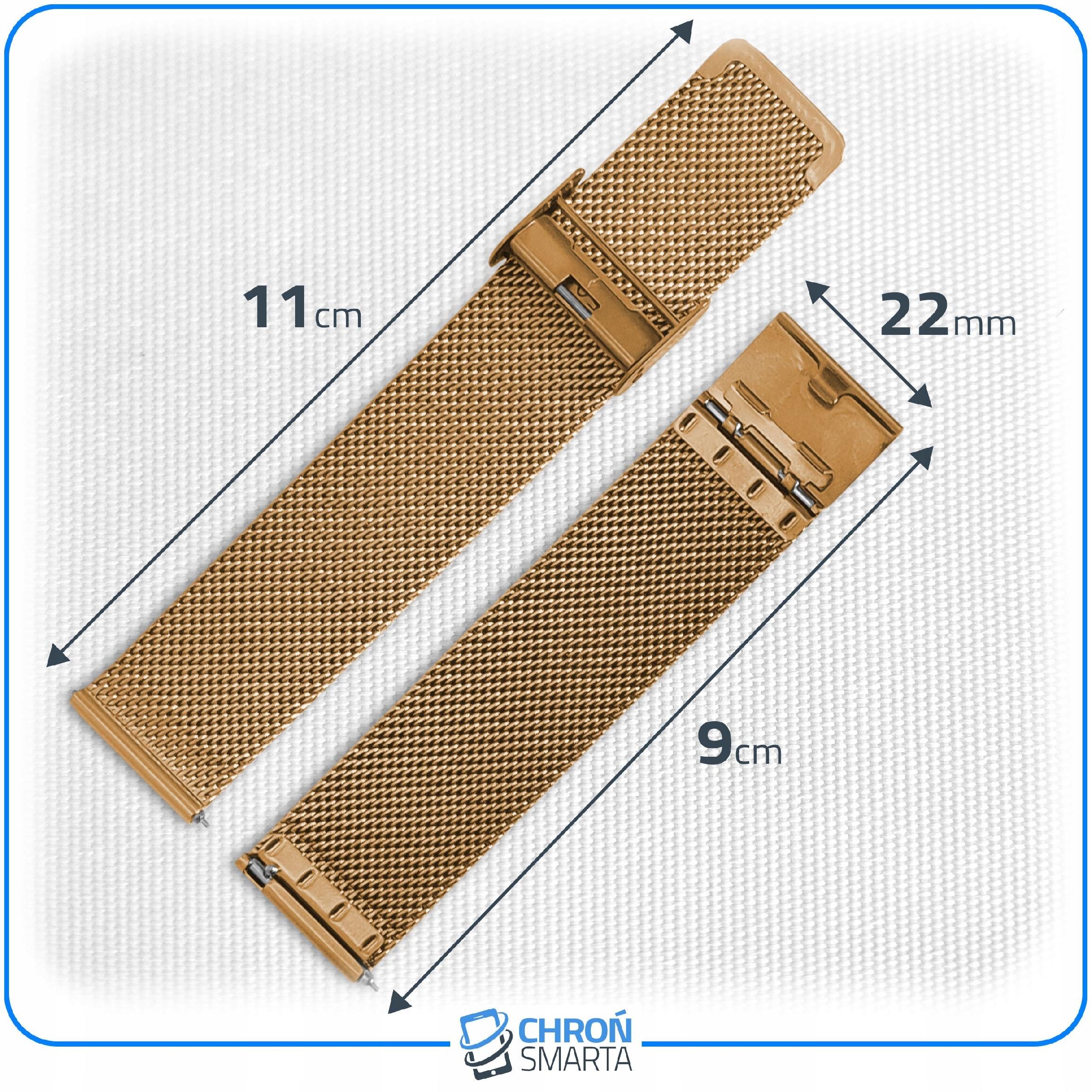 Na obrazie widoczne są dwa segmenty metalowego paska do smartwatcha w kolorze złotym, z wymiarami 11 cm i 9 cm oraz szerokością 22 mm. Na dole znajduje się logo \'CHRON SMARTA\'.