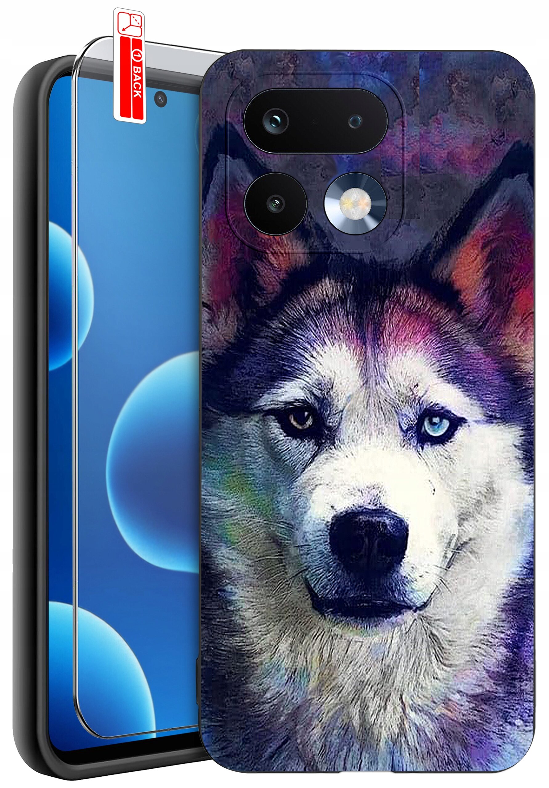 Etui na telefon z kolorowym wzorem przedstawiającym psa oraz szkło ochronne z napisem \'BACK\'.