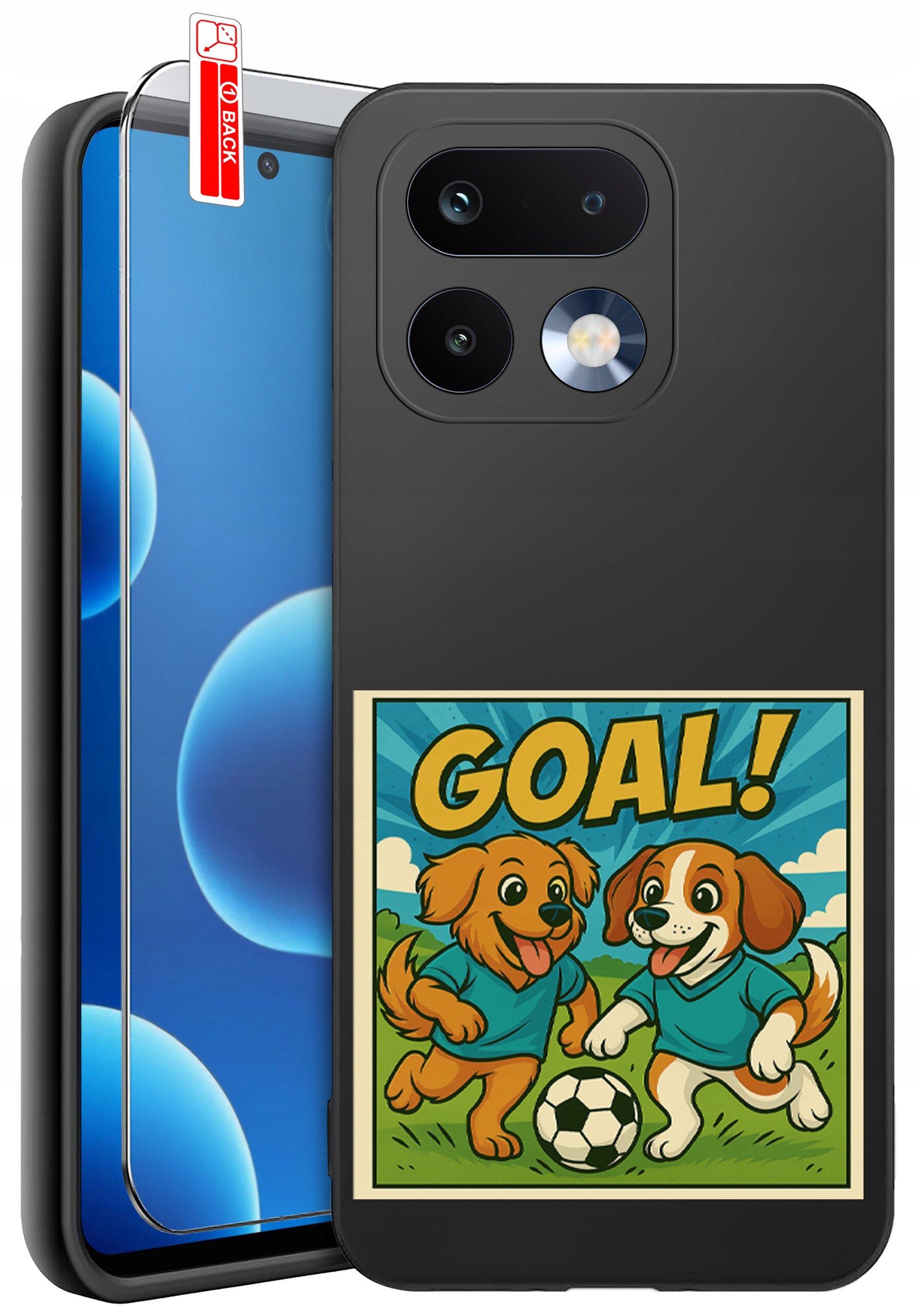 Etui na telefon z grafiką przedstawiającą dwa psy w koszulkach grające w piłkę, z napisem \'GOAL!\'. Obok etui znajduje się szkło ochronne z oznaczeniem \'BACK\'.