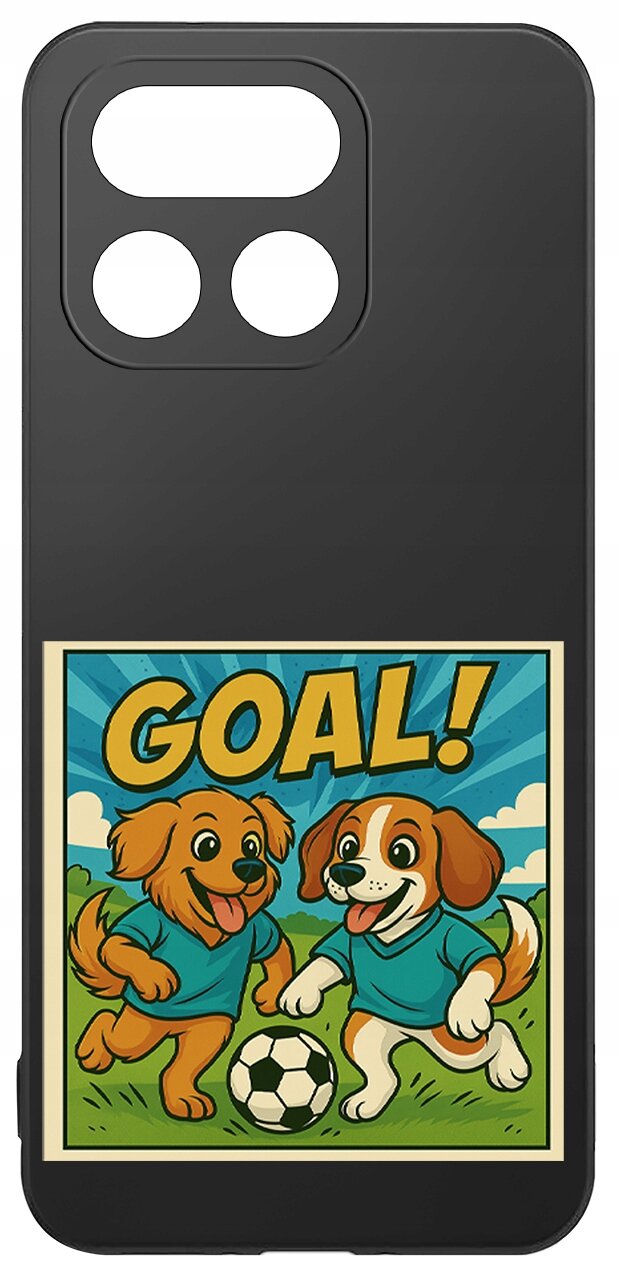 Czarne etui z grafiką przedstawiającą dwa rysunkowe psy w niebieskich koszulkach, bawiące się piłką na tle nieba i trawy. Nad nimi widnieje napis \'GOAL!\'.