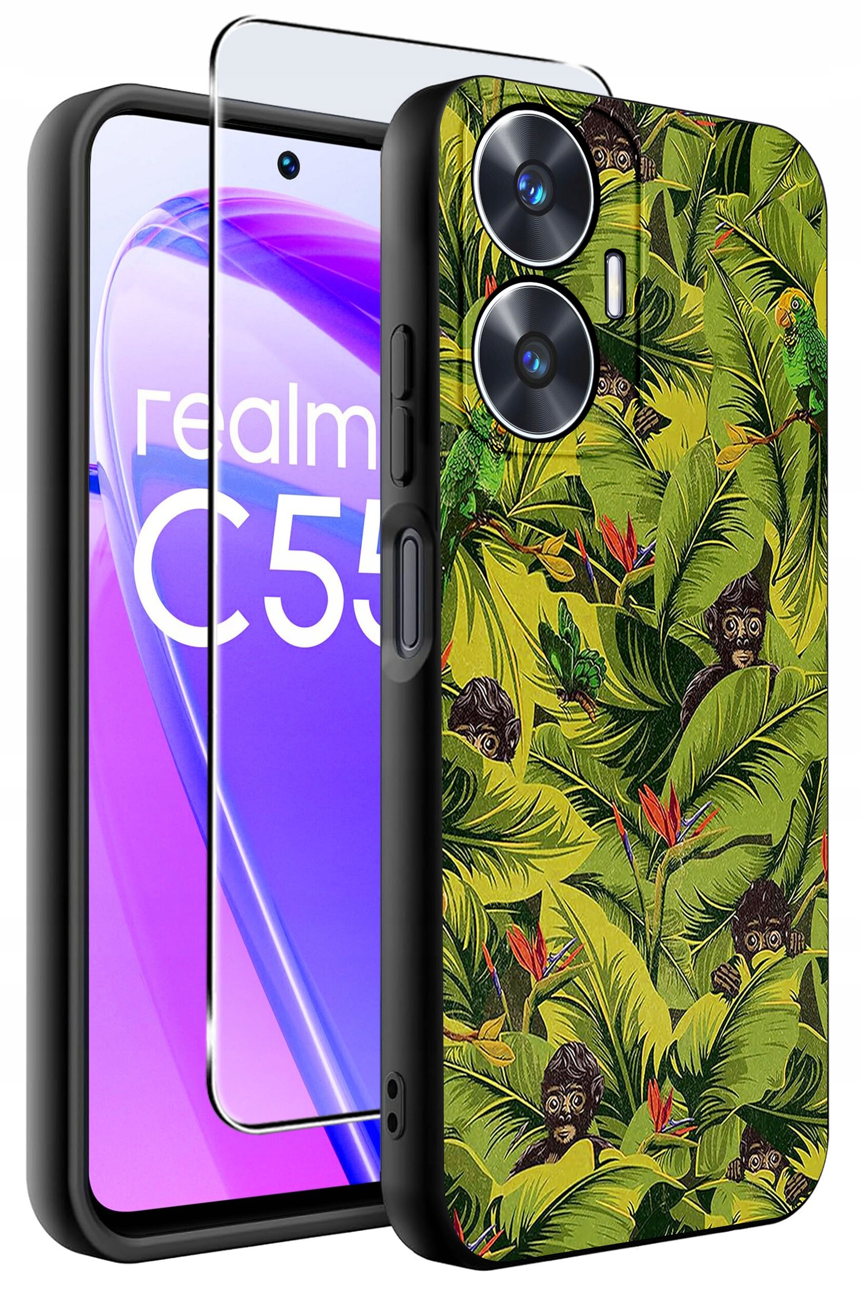 Etui na telefon z motywem tropikalnych liści i małp, obok szkło ochronne. Na ekranie telefonu widoczny napis \'realme C55\'.