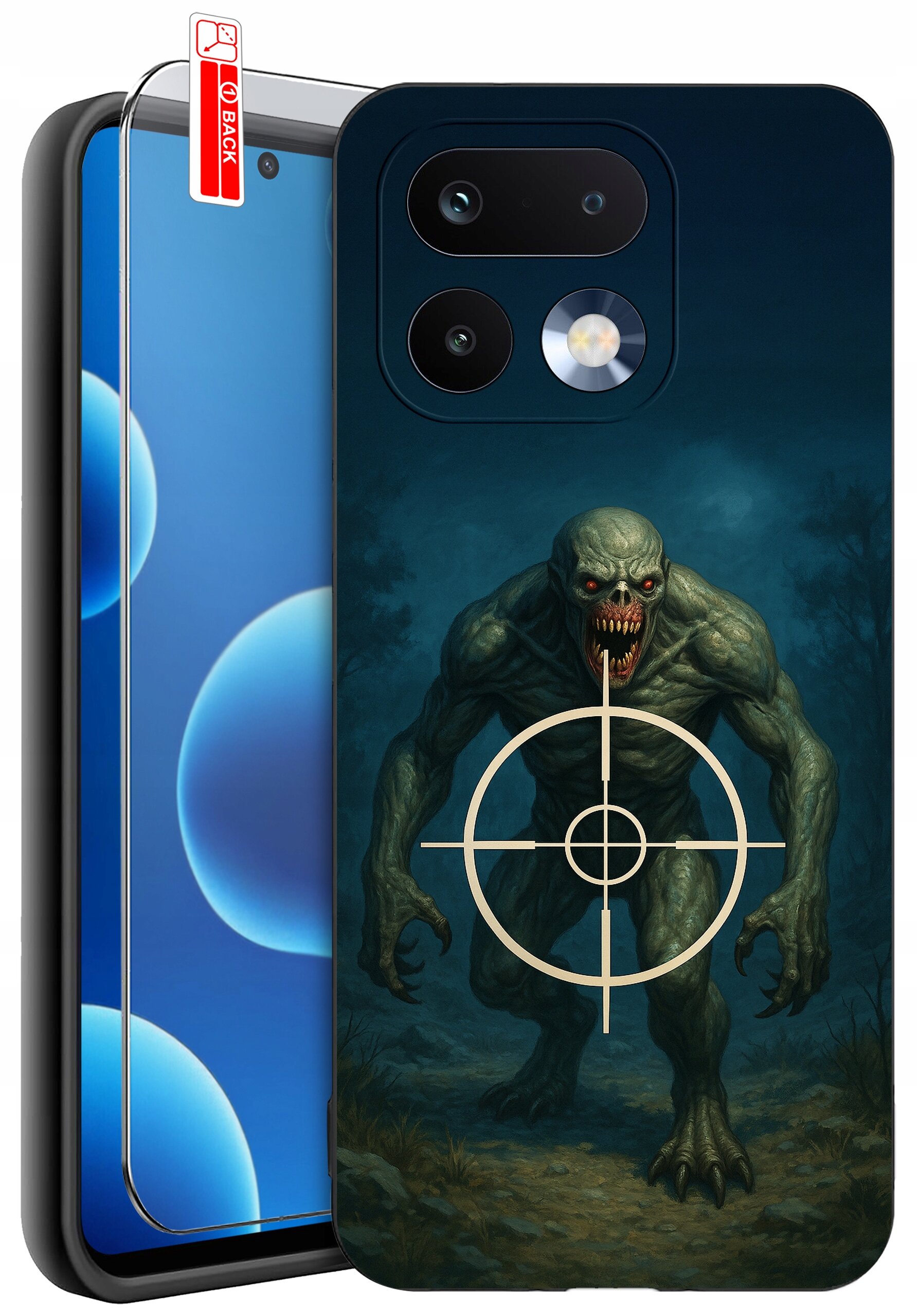 Etui na telefon z grafiką przedstawiającą potwora z czerwonymi oczami i celownikiem na klatce piersiowej. Obok widoczna jest osłona ekranu z napisem \'BACK\'.