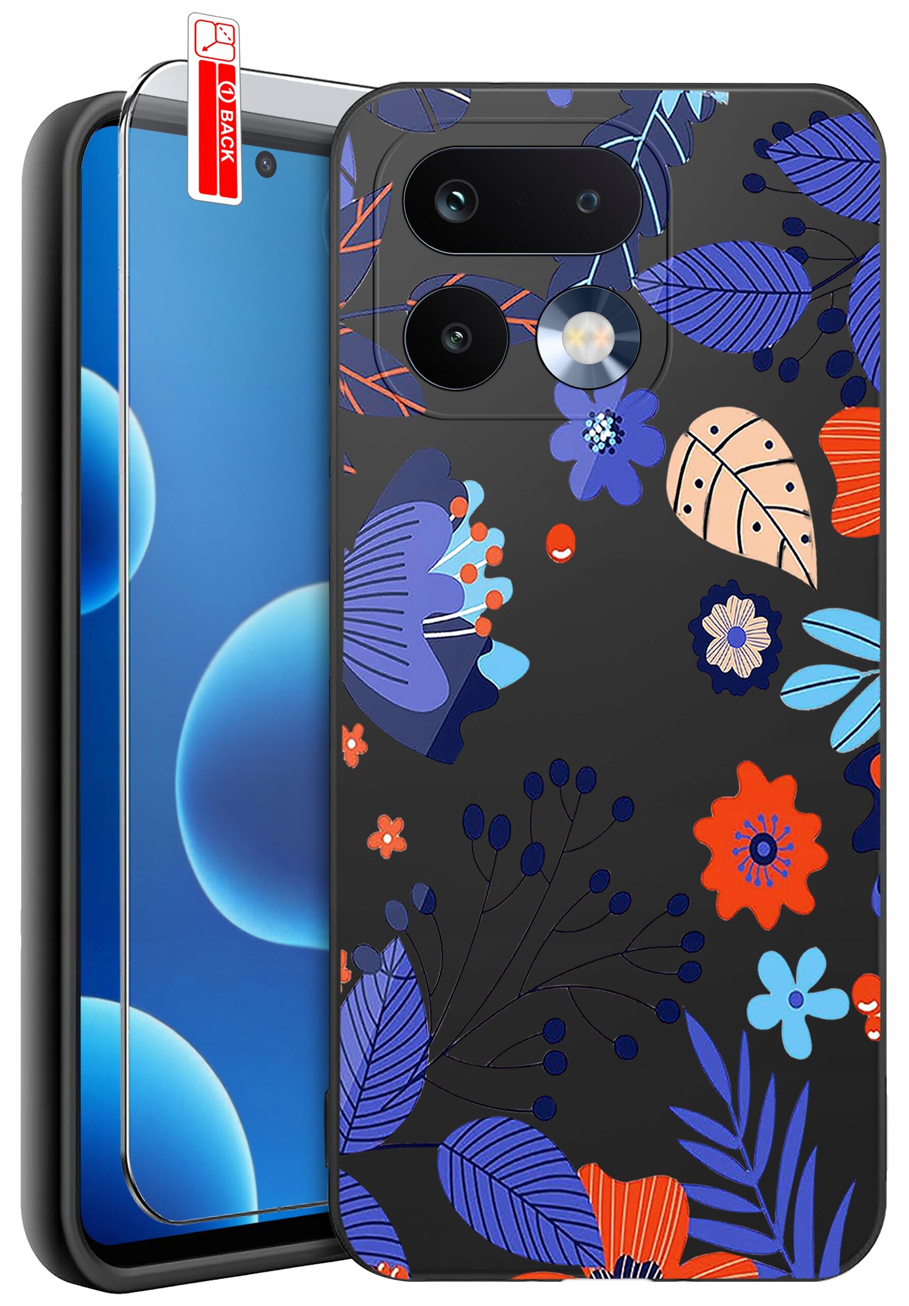 Etui na telefon z kolorowym, kwiatowym wzorem w odcieniach niebieskiego, pomarańczowego i fioletowego. Obok etui znajduje się szkło ochronne z napisem \'BACK\'.