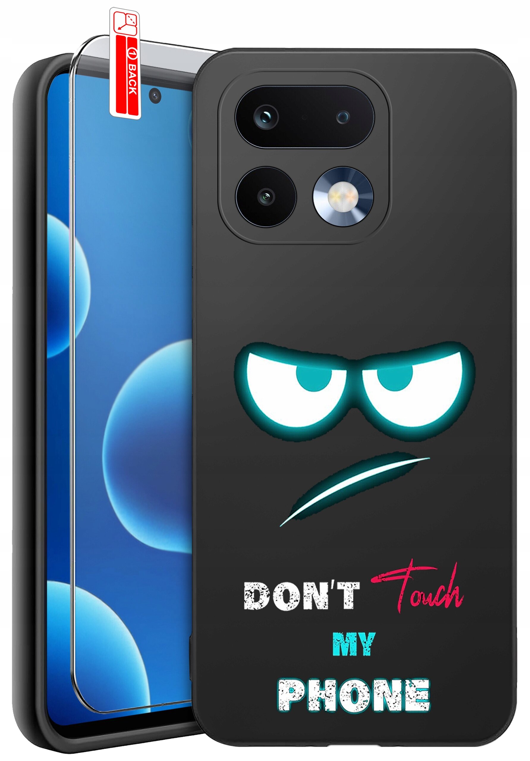 Na obrazie widoczne jest czarne etui na telefon z nadrukiem przedstawiającym parę oczu i napis \'DON\'T Touch MY PHONE\'. Obok etui znajduje się szkło ochronne z oznaczeniem \'BACK\'.