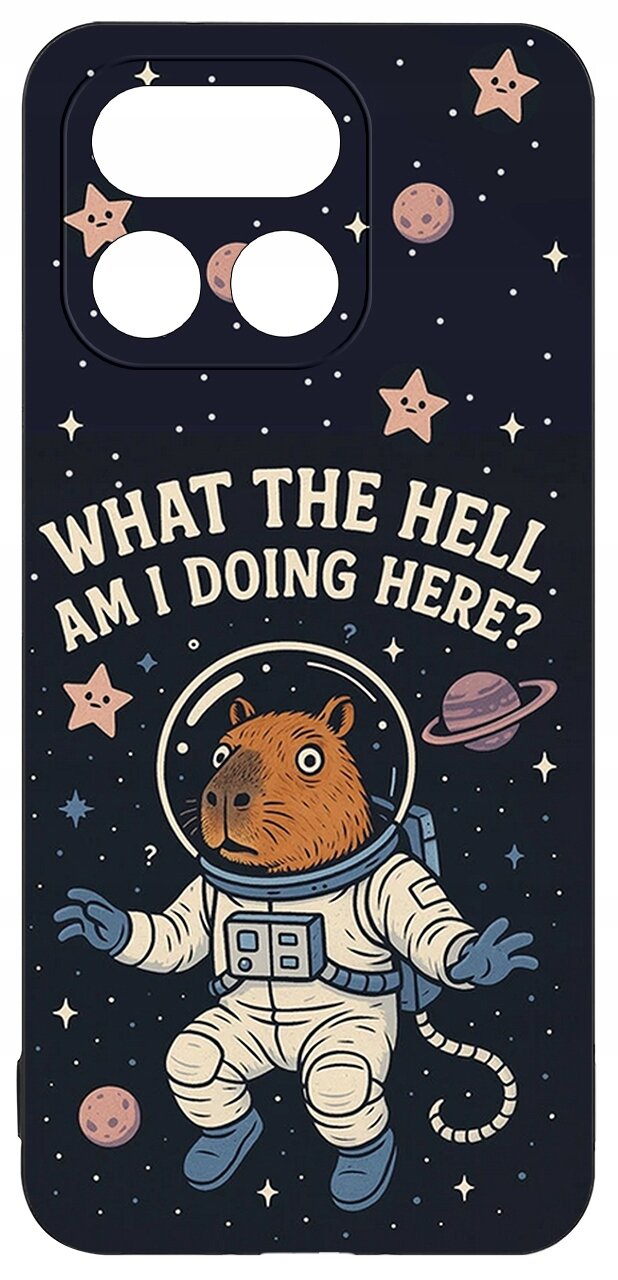 Etui z grafiką przedstawiającą zwierzę w skafandrze kosmicznym na tle gwiazd i planet. Na etui widnieje tekst: \'WHAT THE HELL AM I DOING HERE?\'.