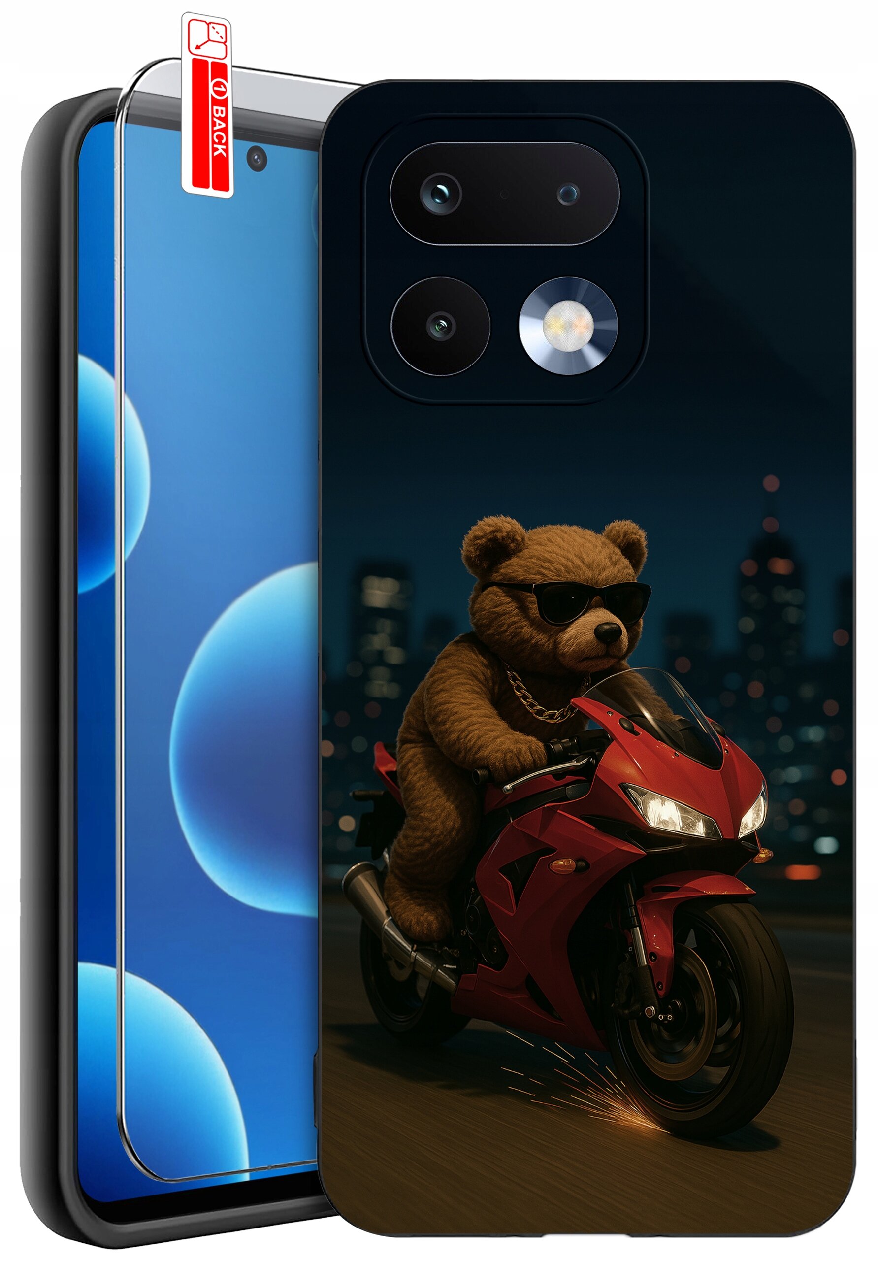 Etui na telefon z nadrukiem misia w okularach przeciwsłonecznych, jadącego na czerwonym motocyklu na tle nocnego miasta. Obok znajduje się szkło ochronne z oznaczeniem \'BACK\'.