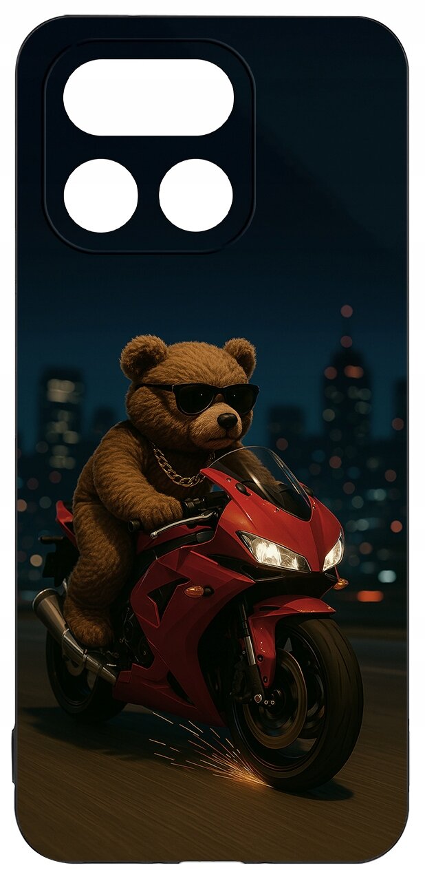 Etui z nadrukiem misia w okularach przeciwsłonecznych jadącego na czerwonym motocyklu na tle nocnego miasta.