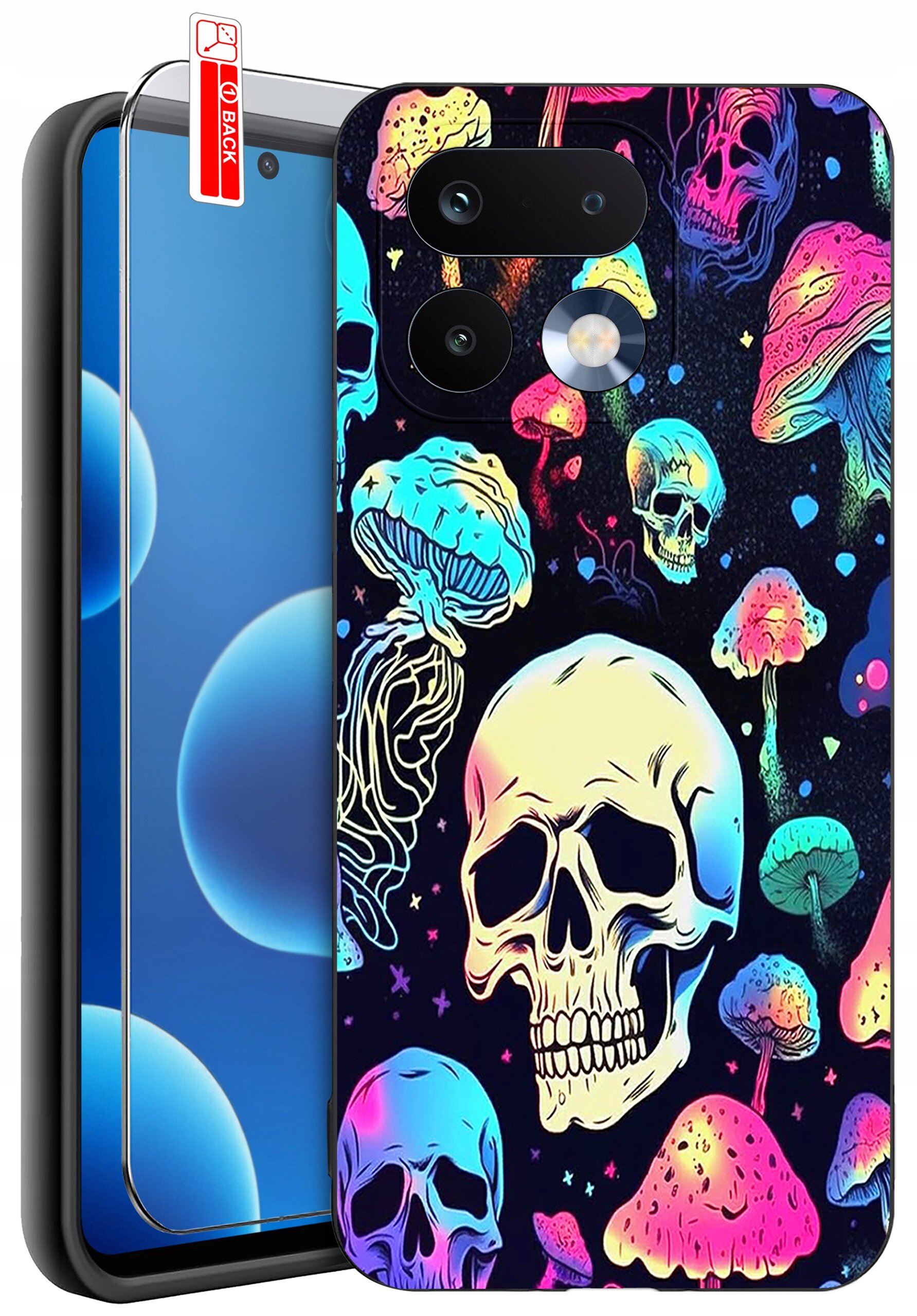 Etui na telefon z kolorowym wzorem czaszek i grzybów, obok znajduje się szkło ochronne z napisem \'BACK\'.