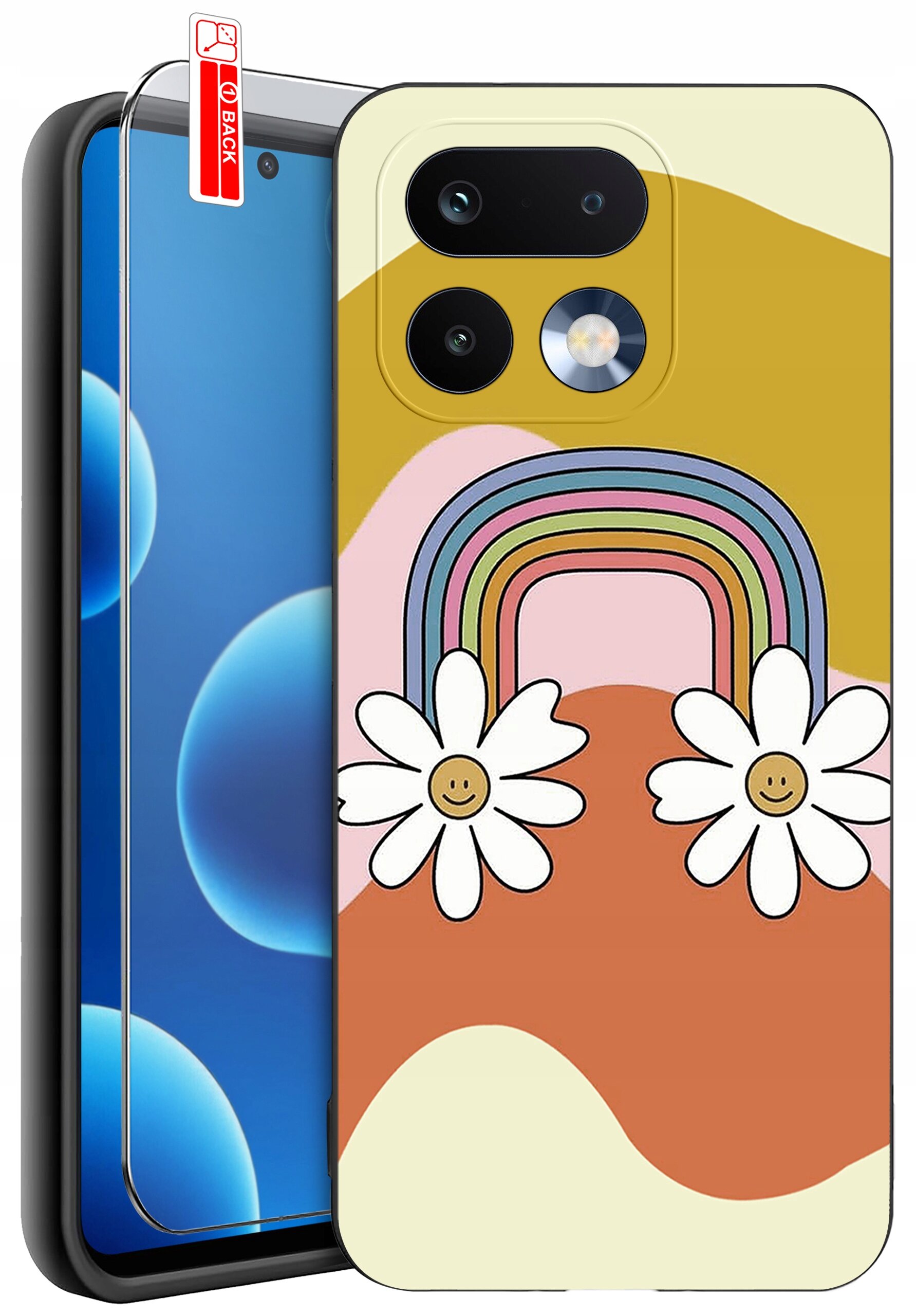 Obraz przedstawia silikonowe etui na telefon z kolorowym wzorem tęczy i dwoma kwiatami z uśmiechniętymi buźkami. Obok etui znajduje się szkło ochronne z napisem \'BACK\'.