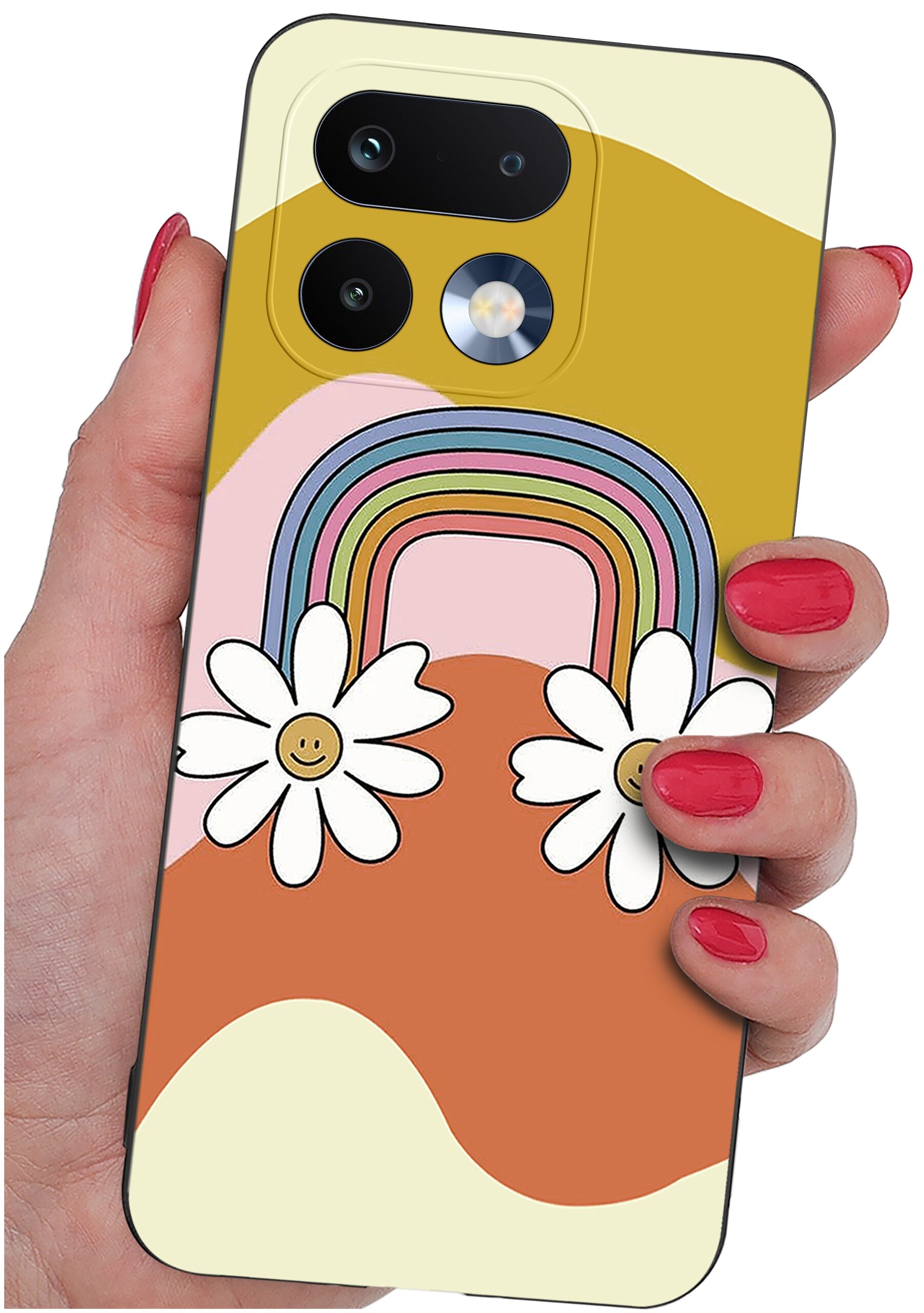 Etui na telefon z kolorowym wzorem tęczy i dwoma kwiatami z uśmiechniętymi buźkami. Etui trzymane jest w dłoni z pomalowanymi na czerwono paznokciami.