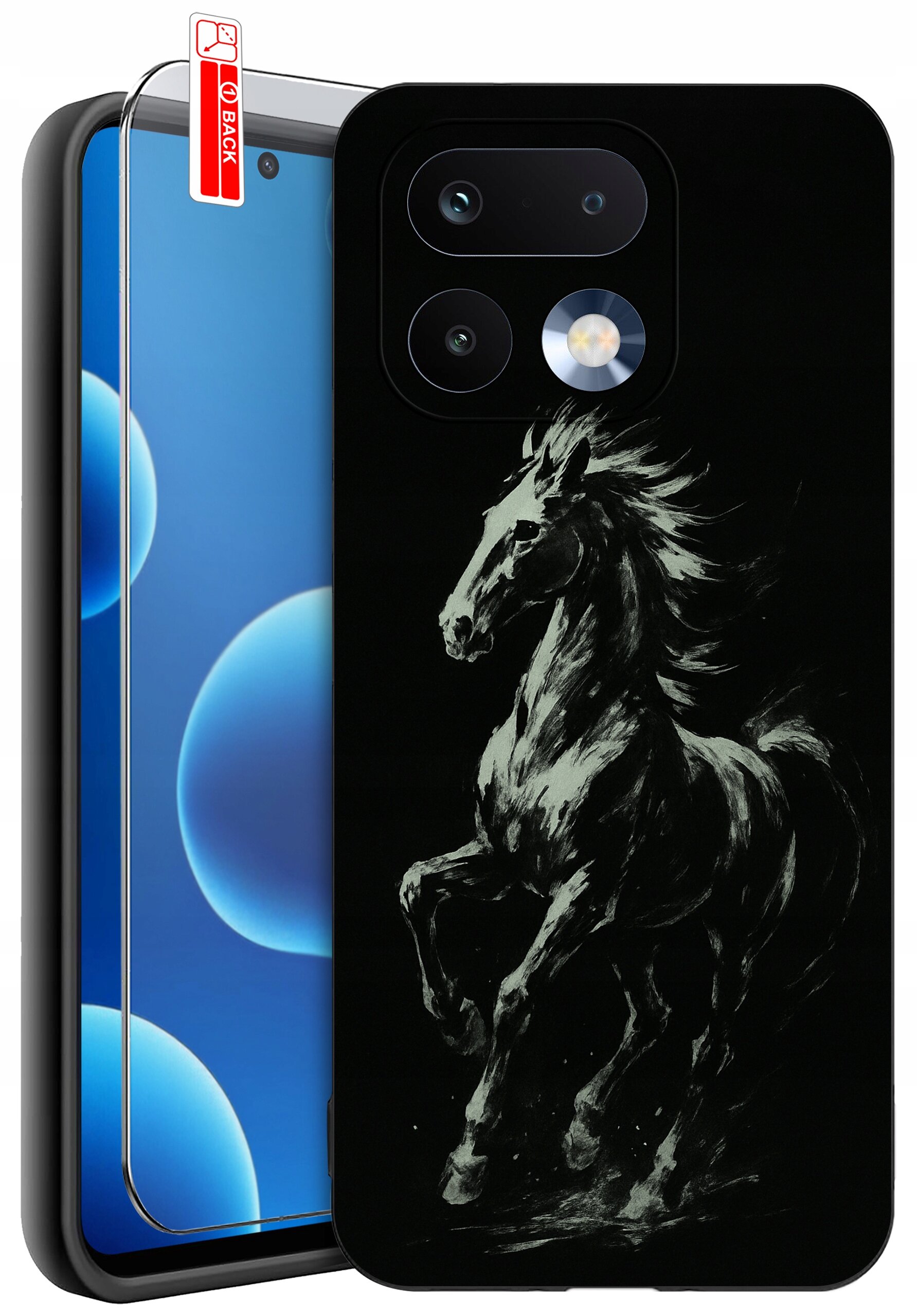 Obraz przedstawia czarne etui na telefon z grafiką galopującego konia oraz szkło ochronne z naklejką \'BACK\'.