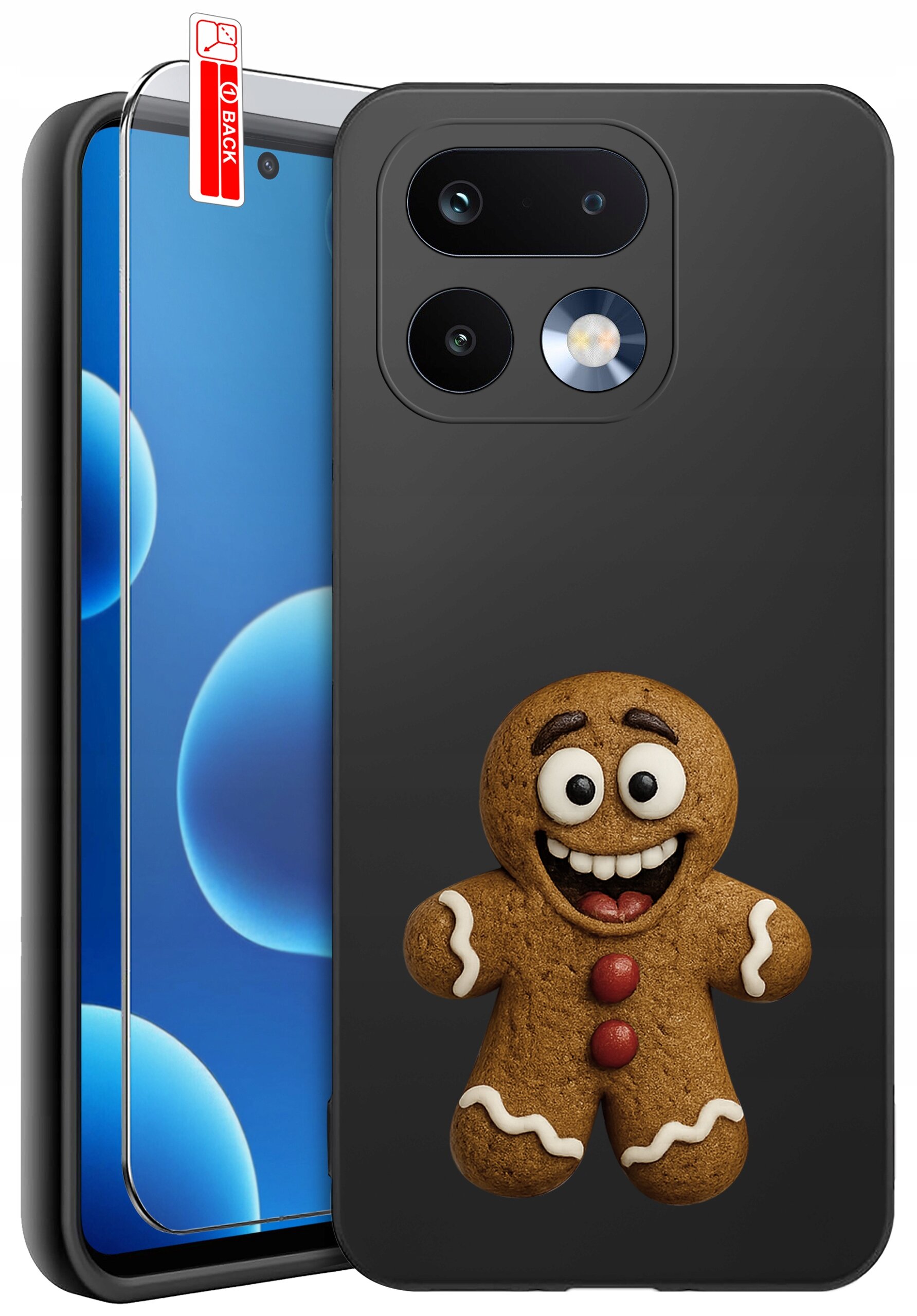 Czarne etui na telefon z wizerunkiem uśmiechniętego piernikowego ludzika. Obok znajduje się szkło ochronne z oznaczeniem \'BACK\'.