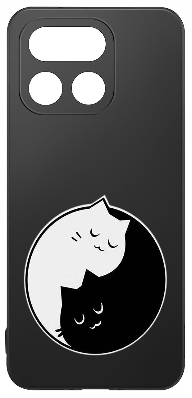 Czarne etui na telefon z grafiką przedstawiającą dwa koty w stylu yin-yang, jeden biały, drugi czarny. Etui ma wycięcia na aparat i lampę błyskową.