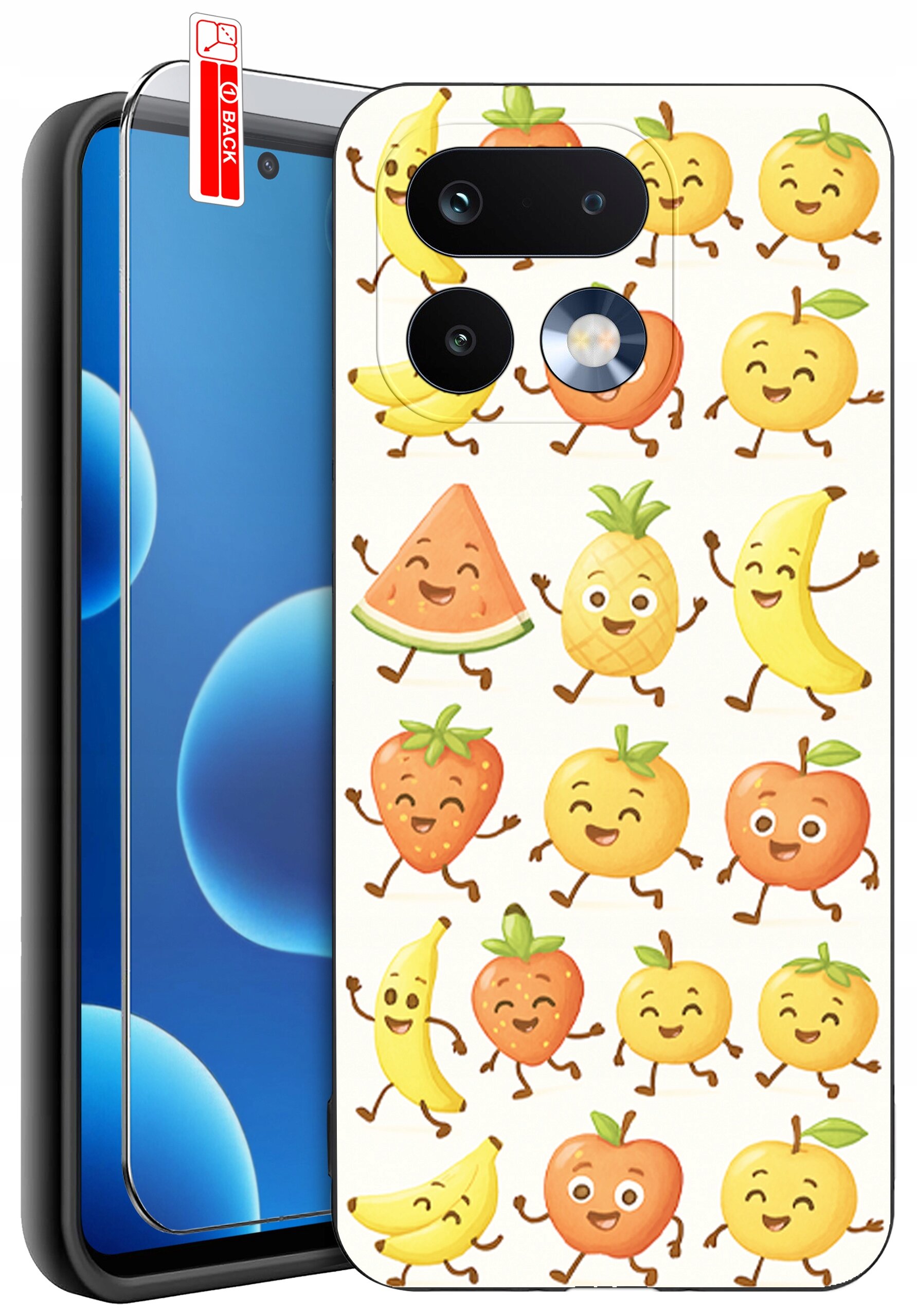Etui na telefon z kolorowym wzorem owoców, takich jak arbuz, ananas, banan, truskawka, jabłko i cytryna, z uśmiechniętymi twarzami. Obok etui znajduje się szkło ochronne z napisem \'BACK\'.