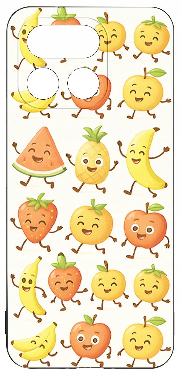 Etui na telefon z kolorowym wzorem przedstawiającym uśmiechnięte owoce, takie jak ananas, arbuz, banan, truskawka i jabłko. Etui ma wycięcia na aparat i inne elementy telefonu.