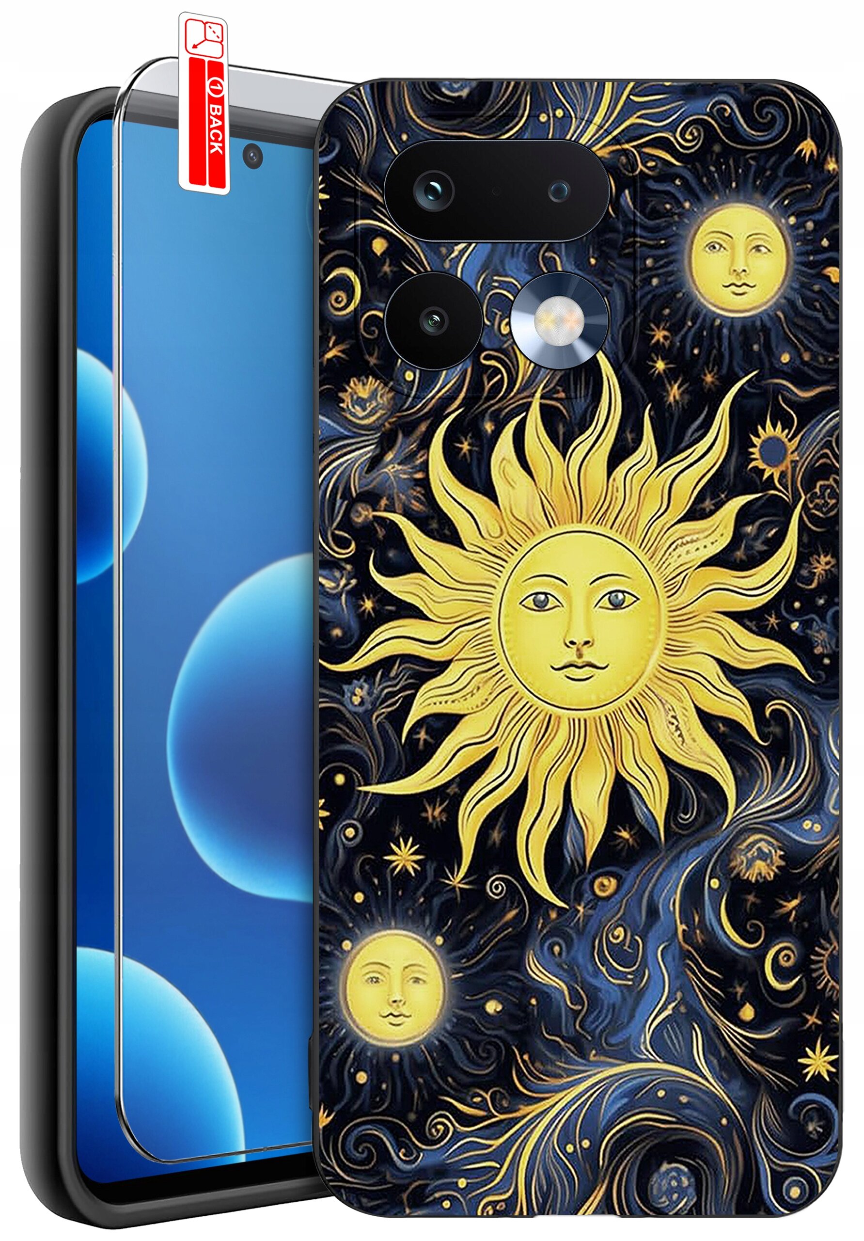 Etui na telefon z wzorem przedstawiającym żółte słońca na ciemnym, ozdobnym tle. Obok etui znajduje się szkło ochronne z oznaczeniem \'BACK\'.