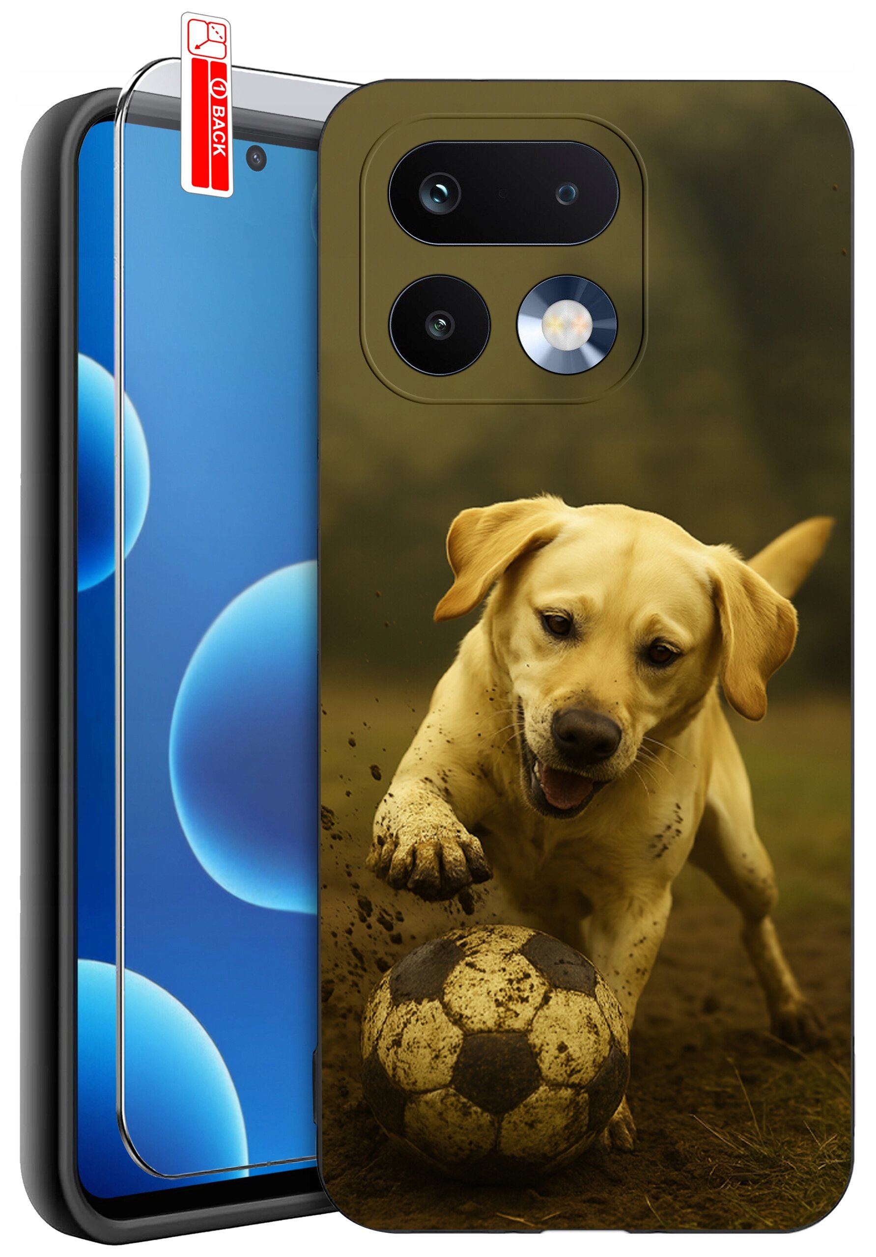 Etui na telefon z nadrukiem psa bawiącego się piłką, obok widoczna jest ochrona ekranu z napisem \'BACK\'.