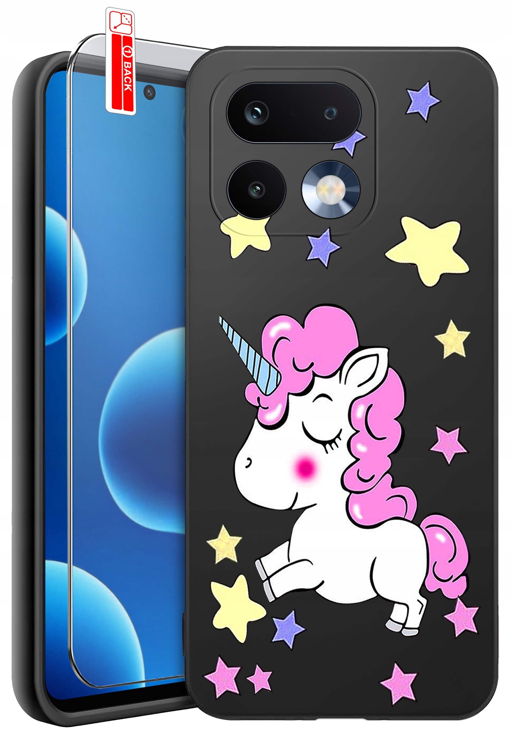 Etui na telefon z kolorowym jednorożcem i gwiazdkami na czarnym tle, obok znajduje się szkło ochronne z oznaczeniem \'BACK\'.