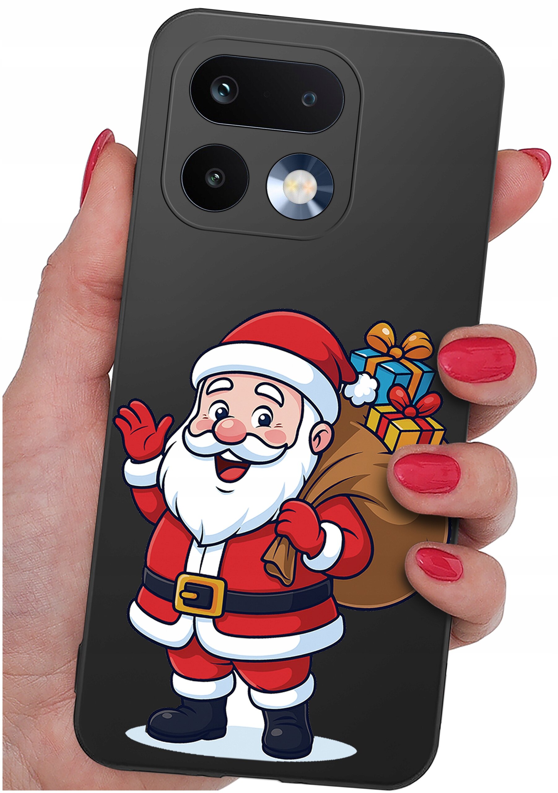 Etui na telefon z grafiką przedstawiającą postać Świętego Mikołaja z workiem prezentów. Etui jest trzymane w dłoni z pomalowanymi na czerwono paznokciami.