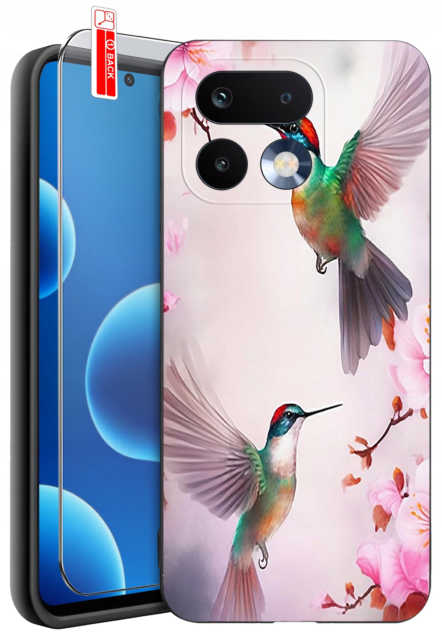 Etui na telefon z kolorowym wzorem przedstawiającym dwa kolibry wśród różowych kwiatów. Obok etui znajduje się szkło ochronne z oznaczeniem \'BACK\'.