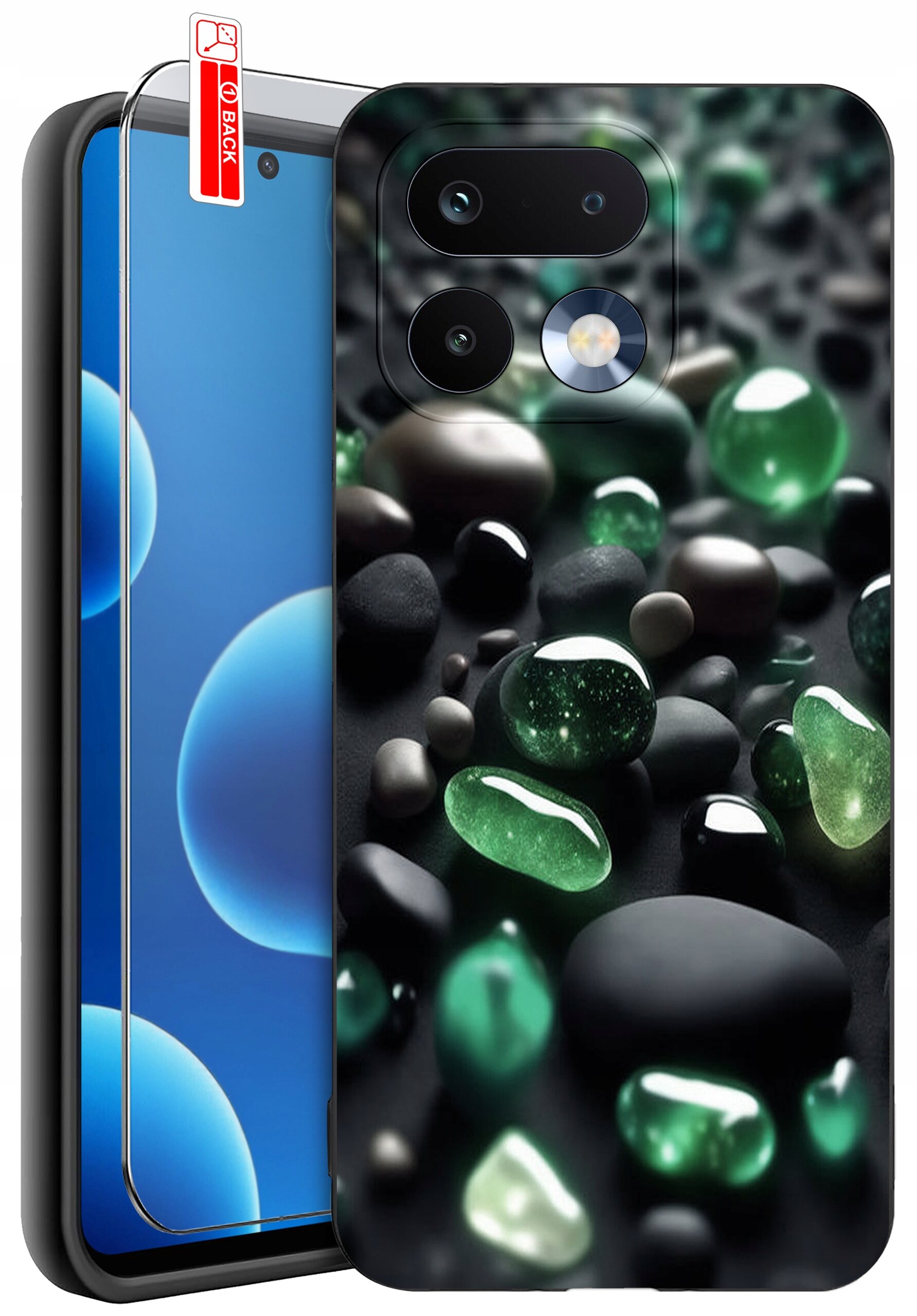 Obraz przedstawia telefon z nałożonym szkłem ochronnym oraz etui z wzorem zielonych i czarnych kamieni. Na szkle widoczna jest naklejka z napisem \'BACK\'.