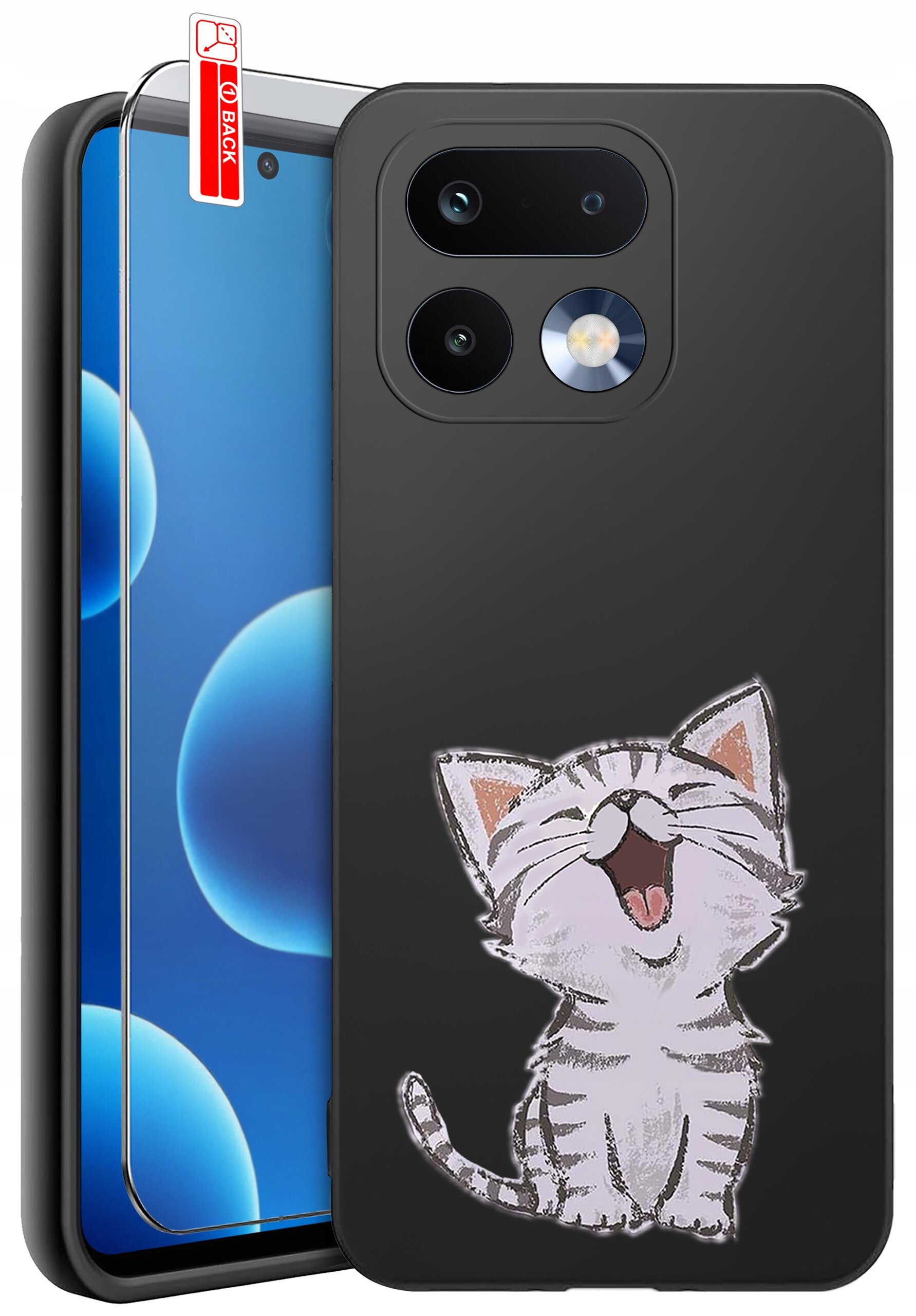 Czarne silikonowe etui z rysunkiem uśmiechniętego kota, obok znajduje się szkło ochronne na ekran telefonu. Na szkle widoczna jest czerwona naklejka z napisem \'BACK\'.