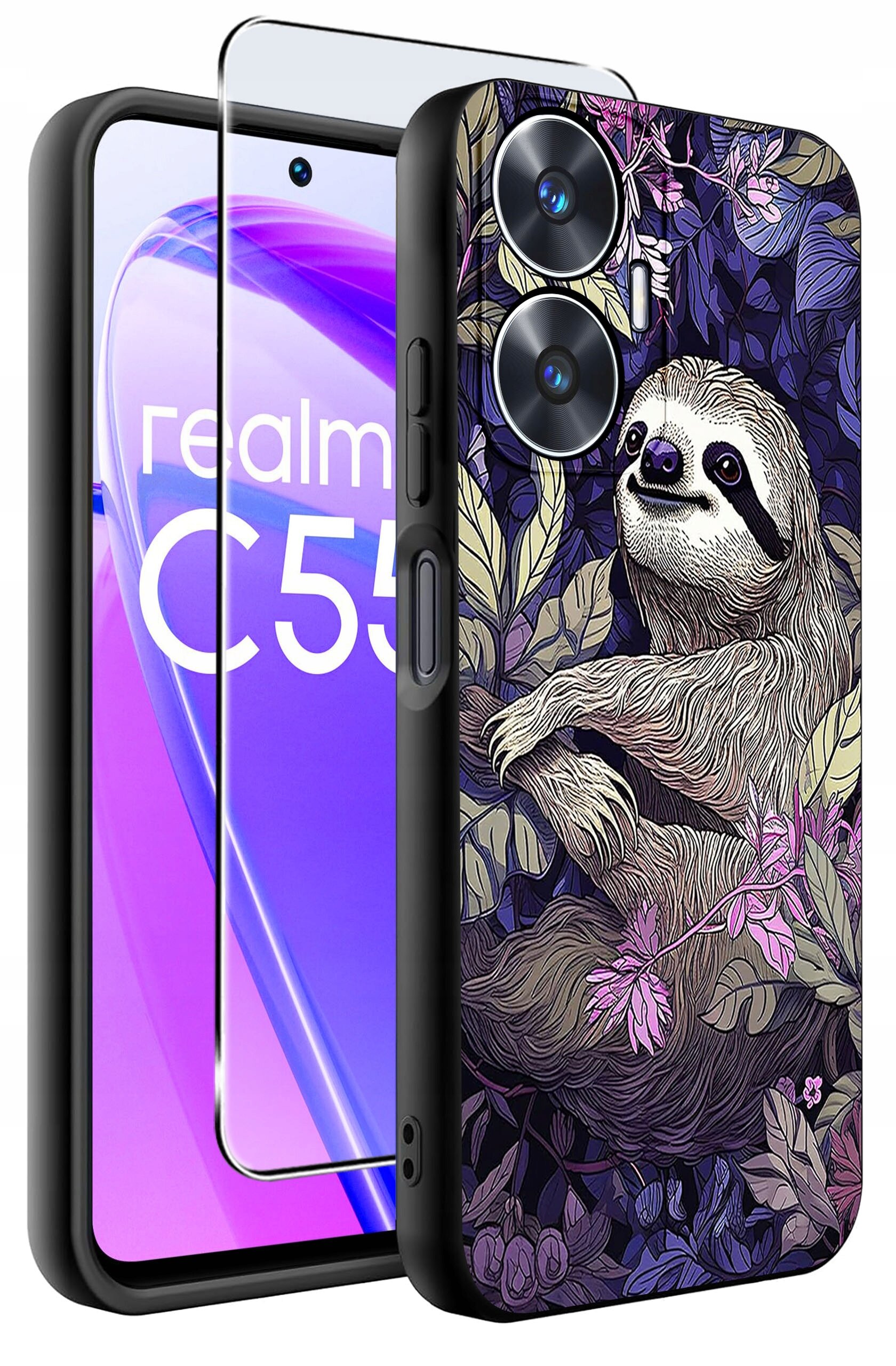 Etui na telefon z motywem leniwca otoczonego liśćmi i kwiatami, obok szkło ochronne. Na ekranie telefonu widoczny napis \'realme C55\'.