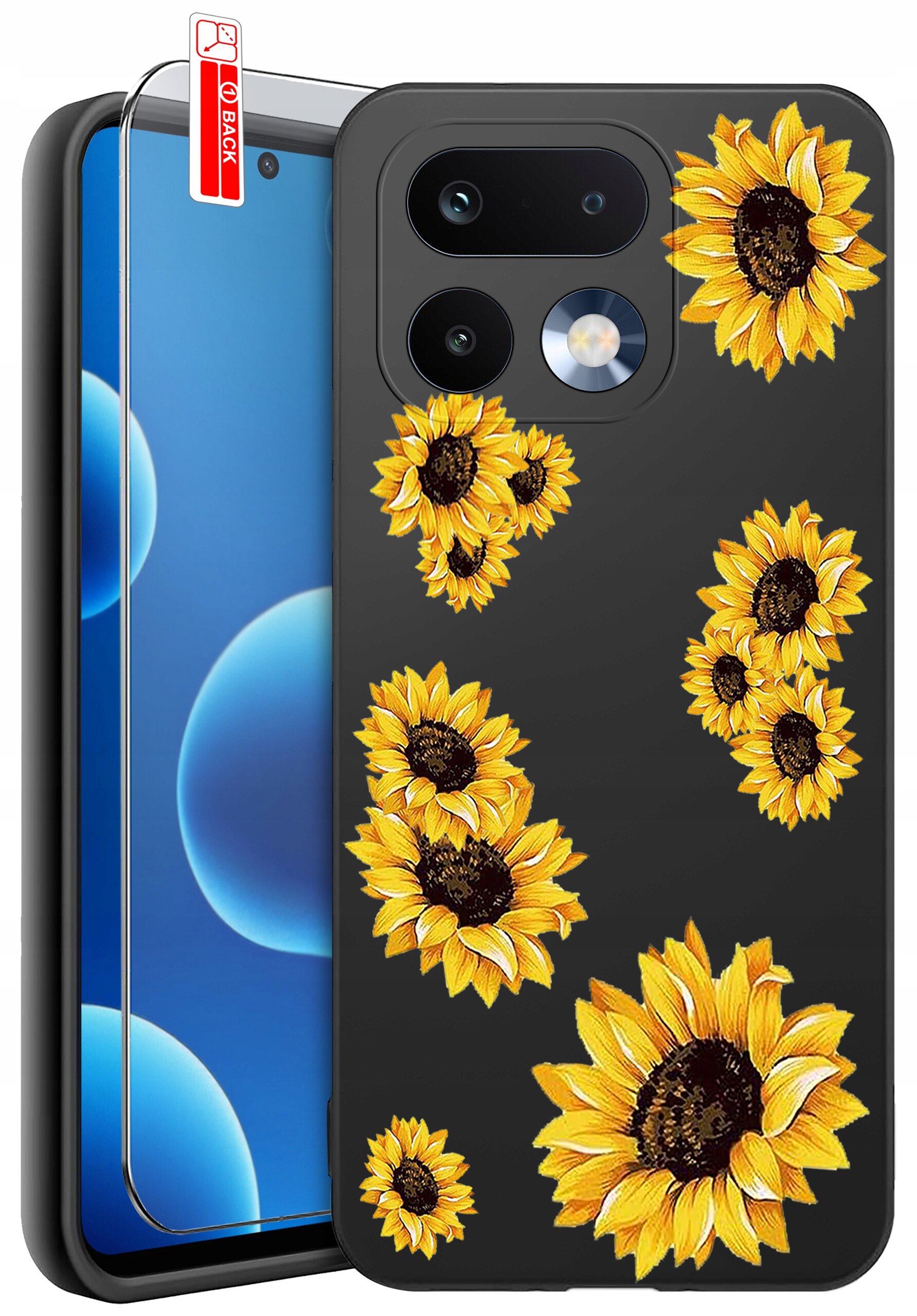 Czarne etui na telefon z wzorem żółtych słoneczników oraz szkło ochronne z napisem \'BACK\'.