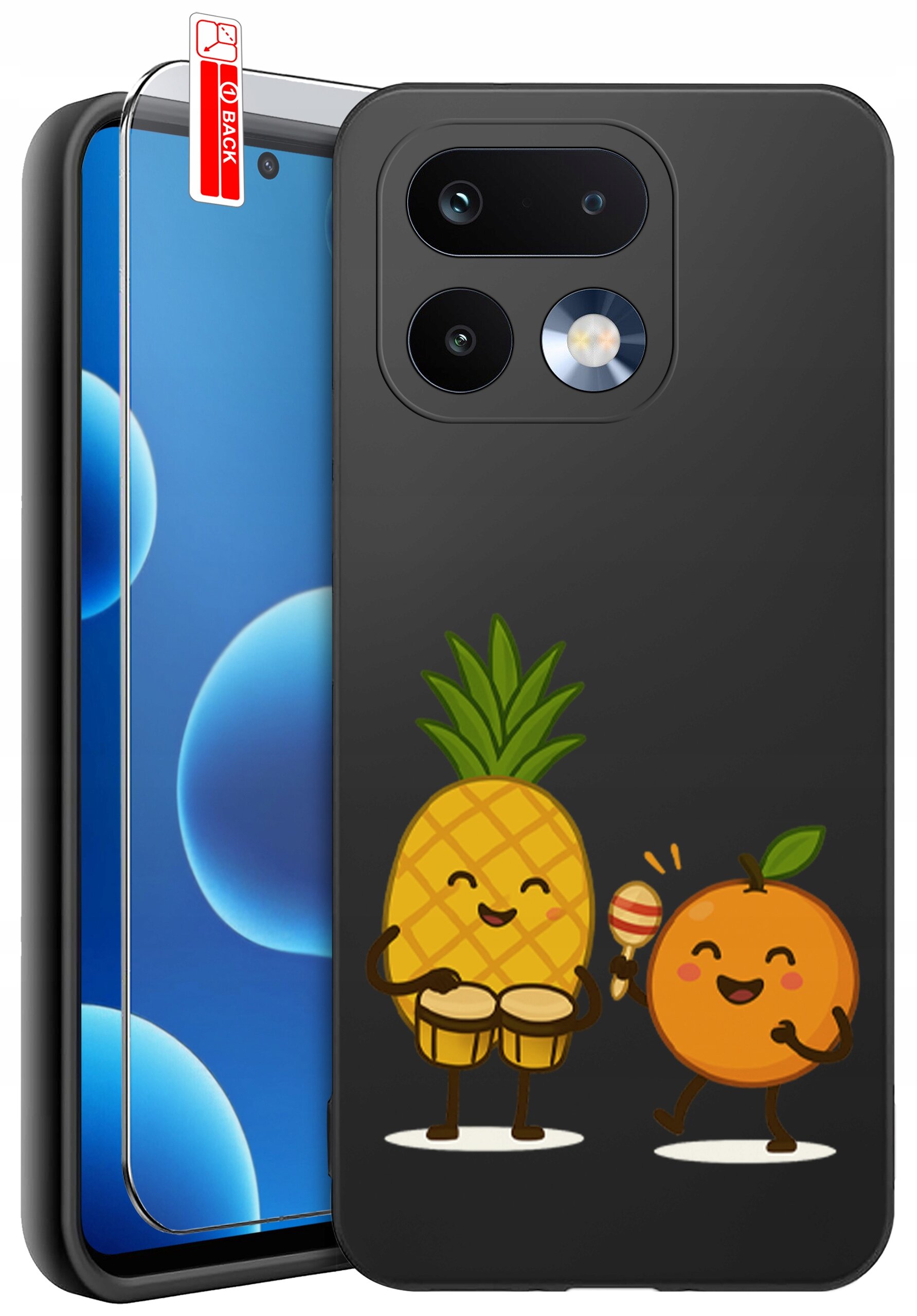 Czarne etui na telefon z grafiką przedstawiającą uśmiechnięte ananasa i pomarańczę grające na instrumentach. Obok etui znajduje się szkło ochronne z naklejką \'BACK\'.