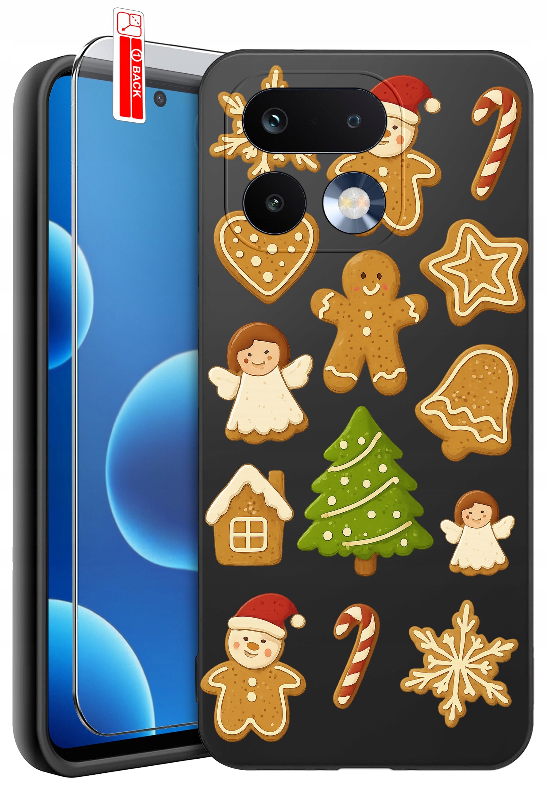 Etui na telefon z motywem świątecznym, przedstawiające pierniki w kształcie ludzików, choinki, aniołków i innych symboli. Obok etui znajduje się szkło ochronne z oznaczeniem \'BACK\'.
